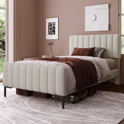 Upholstered single bed, 90 x 200 cm, adjustable headboard, grey-beige linen