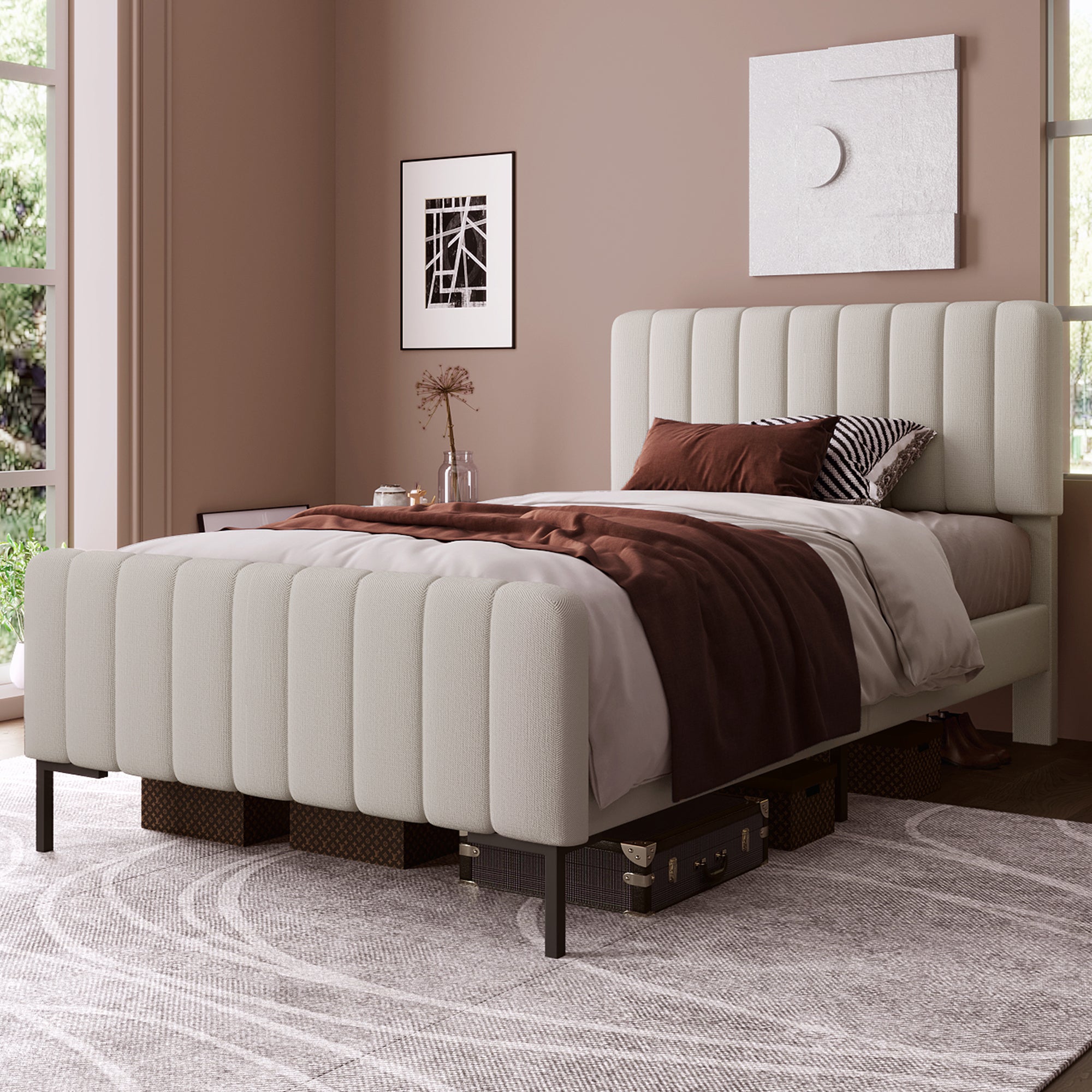 Upholstered single bed, 90 x 200 cm, adjustable headboard, grey-beige linen