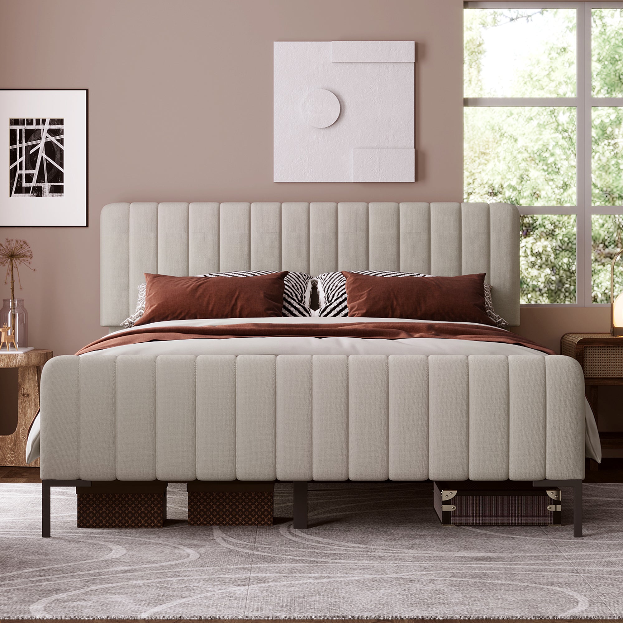 Upholstered Single Bed, 140x200cm, Adjustable Headboard, Grey-Beige Linen