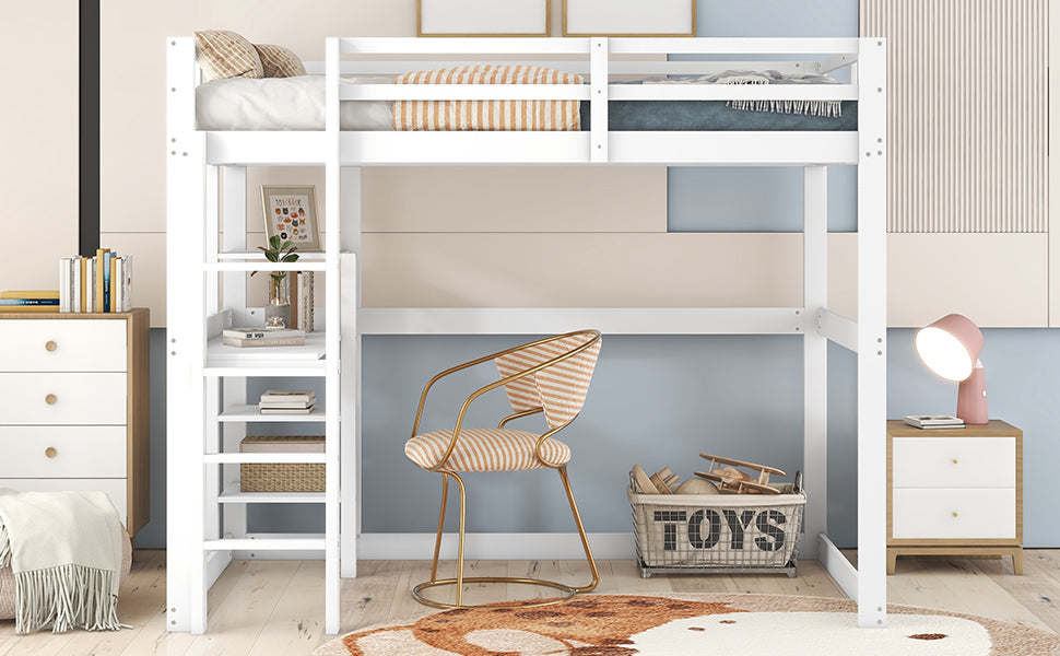 Children's Bunk Bed Frame, Pine Storage Bed with Desk & 4 Compartments, White