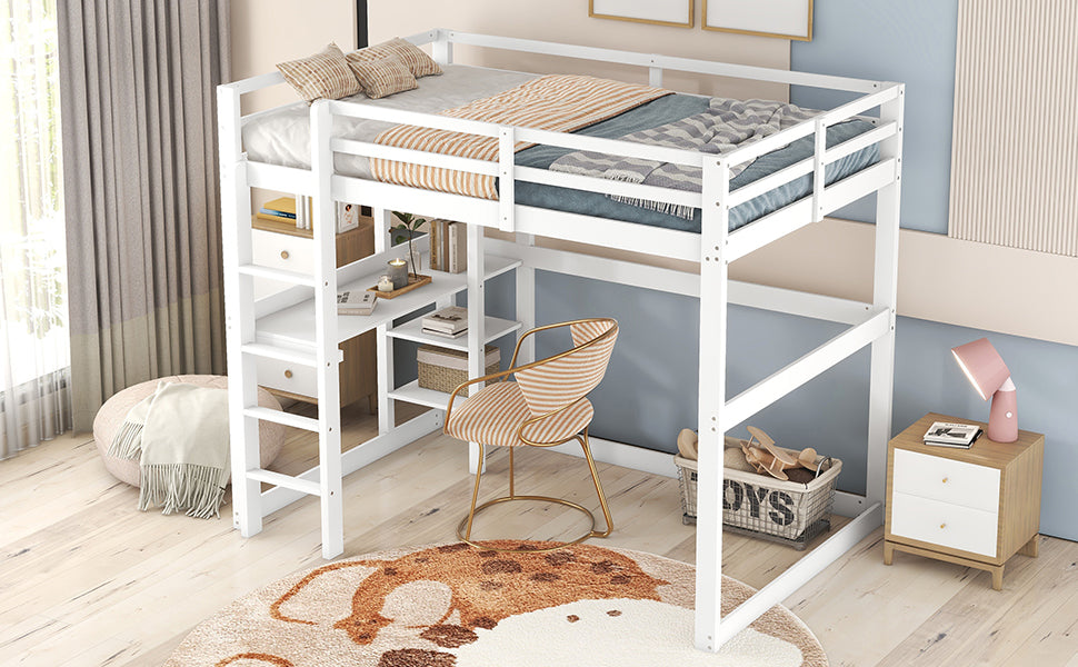 Children's Bunk Bed Frame, Pine Storage Bed with Desk & 4 Compartments, White