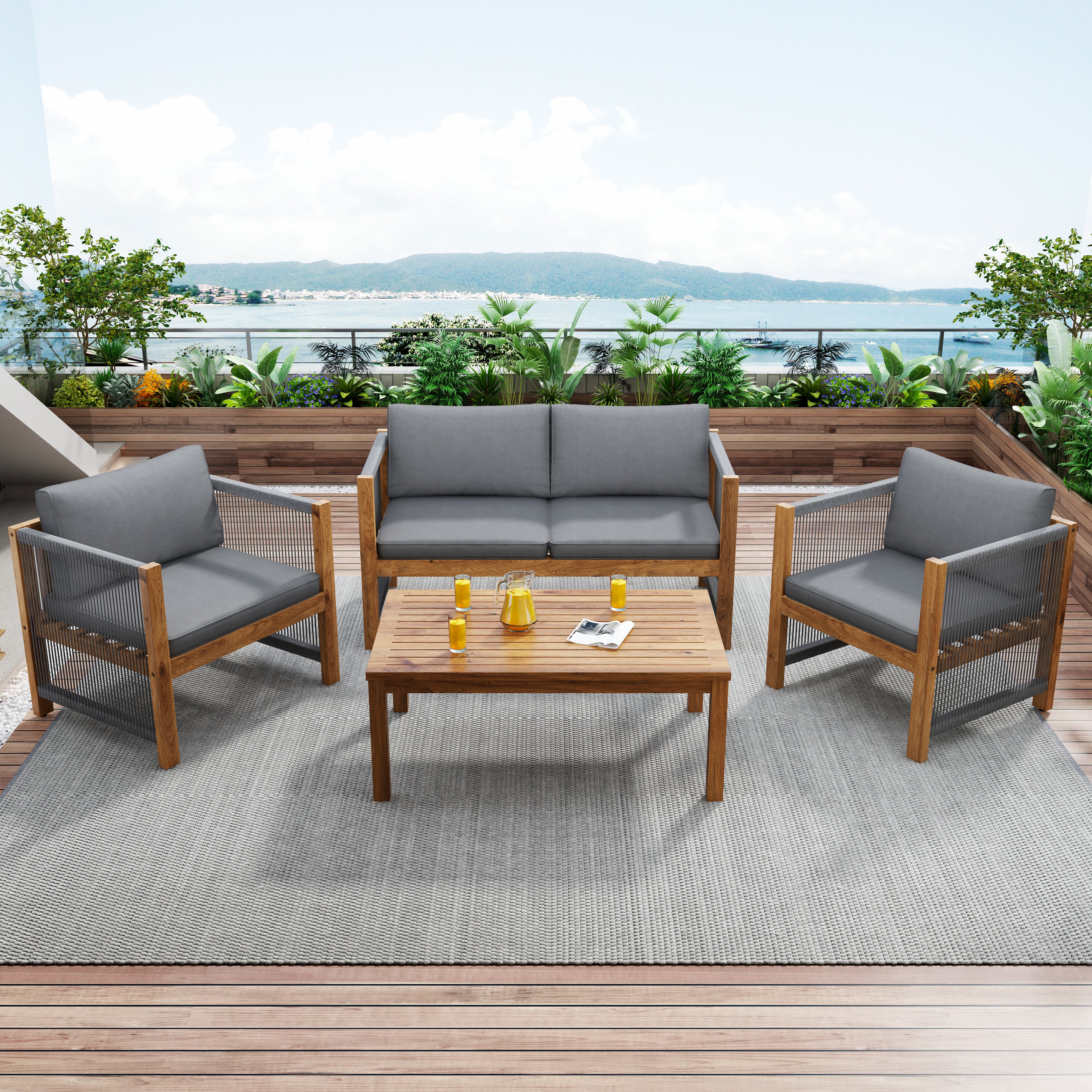 Garden Lounge Set with Sofa, 2 Armchairs and Table, Grey Rattan Look and Acacia Wood