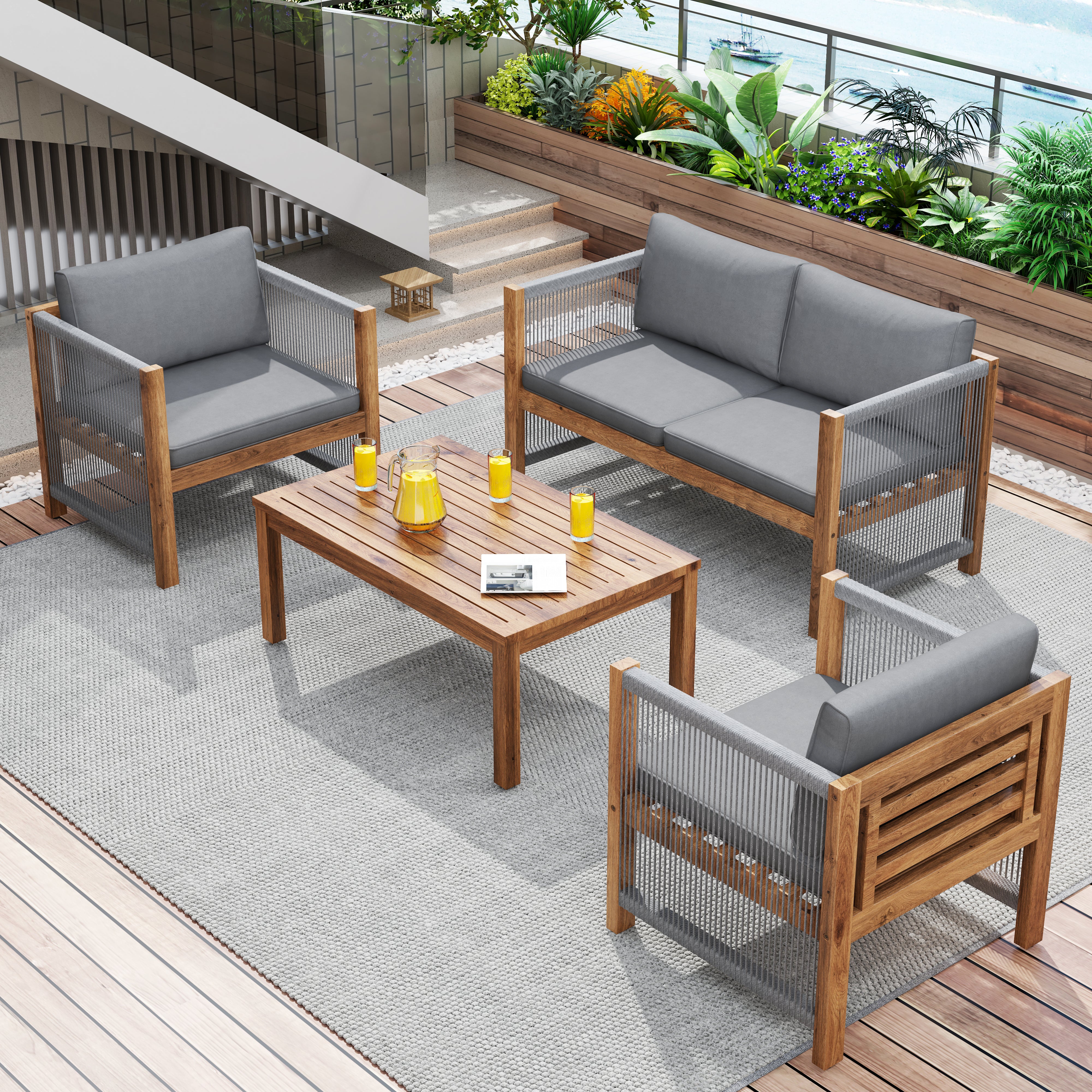 Garden Lounge Set with Sofa, 2 Armchairs and Table, Grey Rattan Look and Acacia Wood