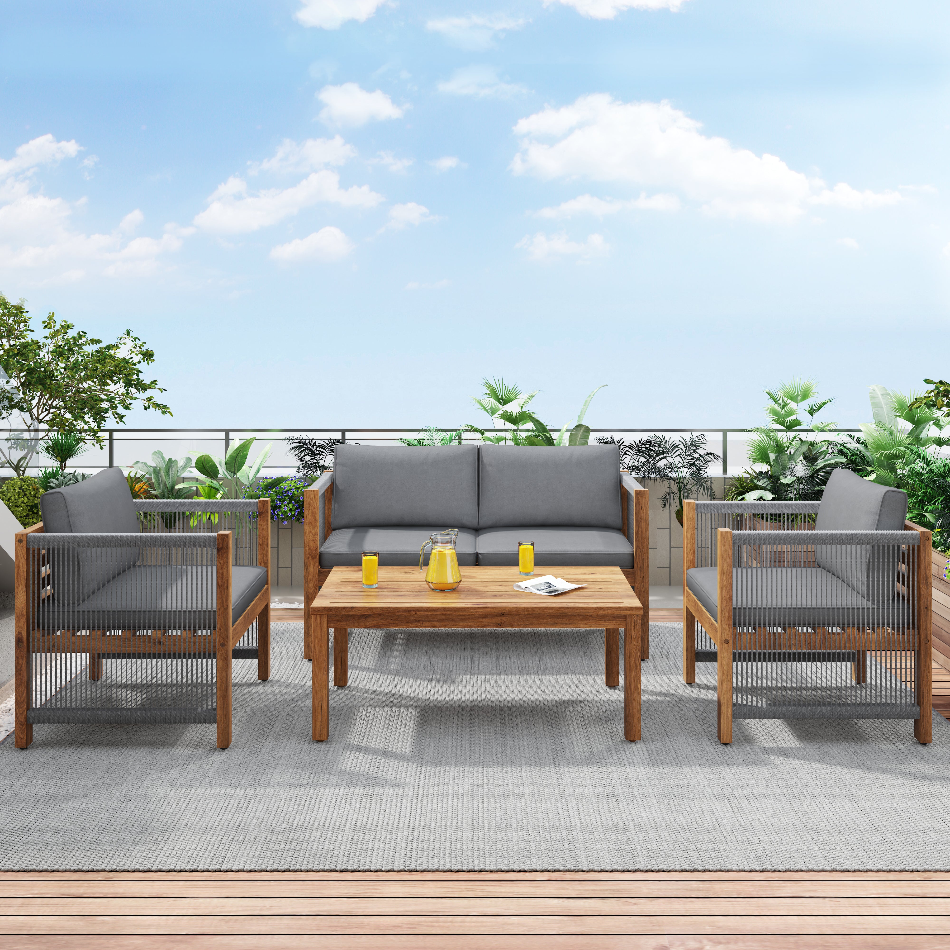 Garden Lounge Set with Sofa, 2 Armchairs and Table, Grey Rattan Look and Acacia Wood