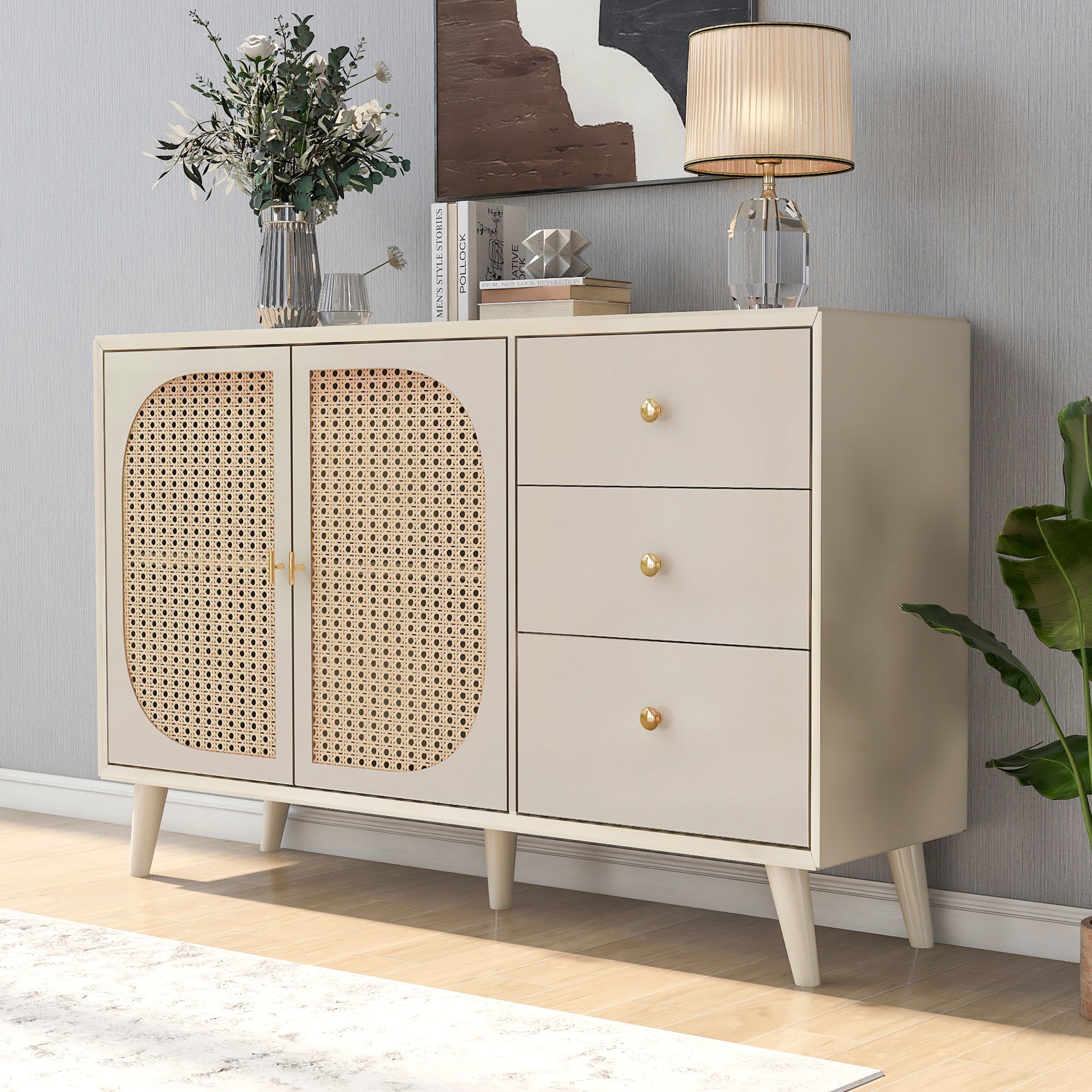 Sideboard Storage TV Table with Drawers & Doors, Large Capacity, Off-White Cream 120cm