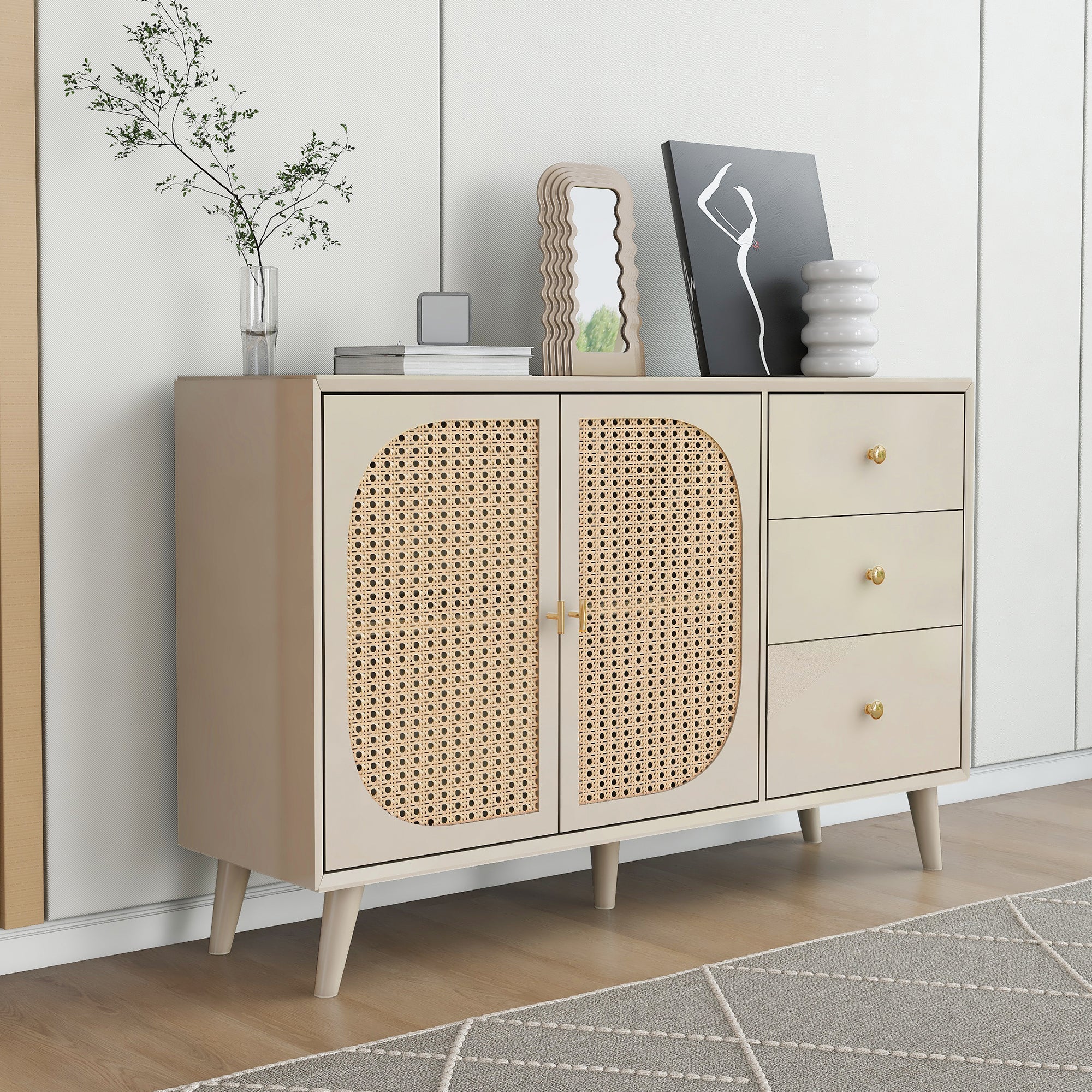 Sideboard Storage TV Table with Drawers & Doors, Large Capacity, Off-White Cream 120cm