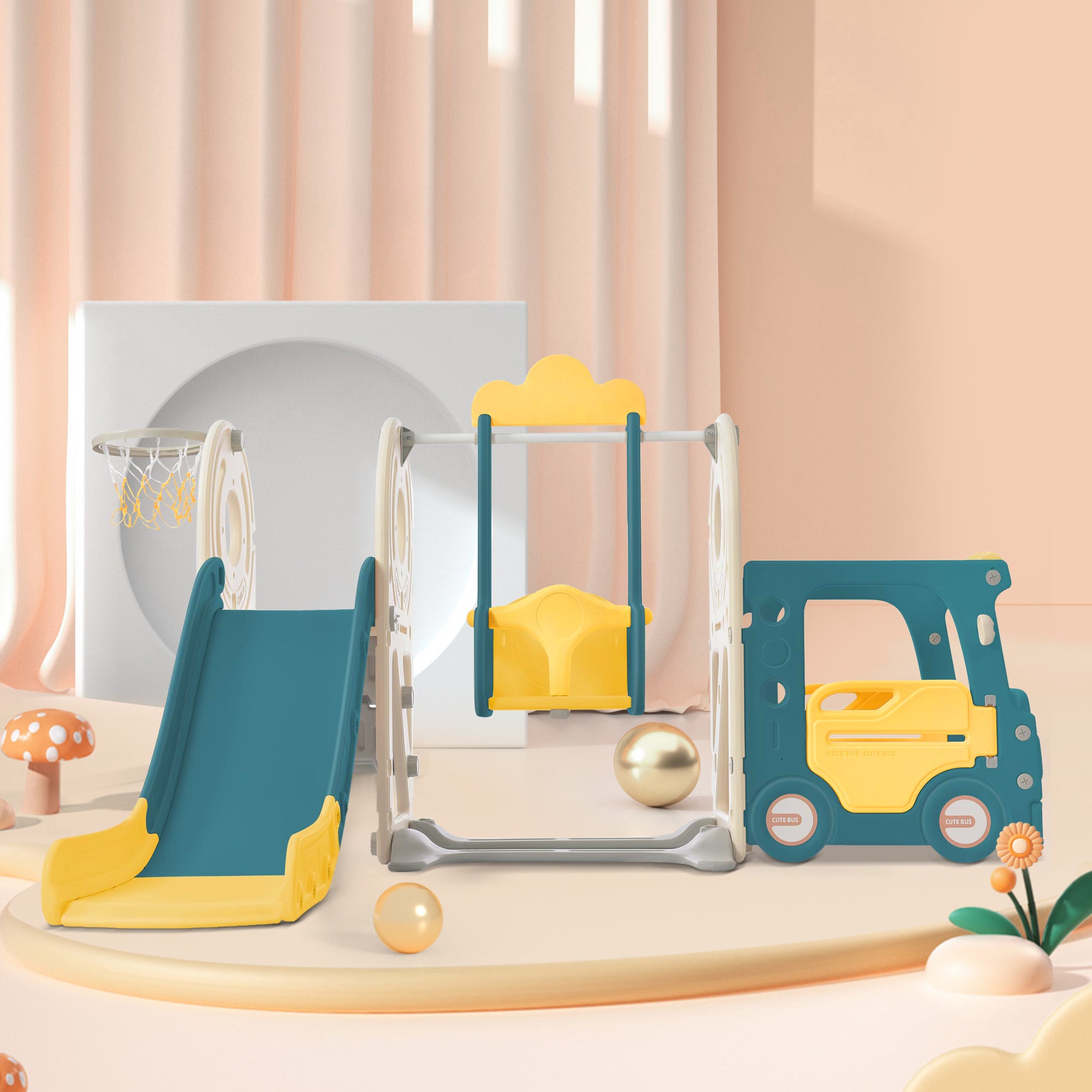 Children's playground set with slide, swing, and toy truck 