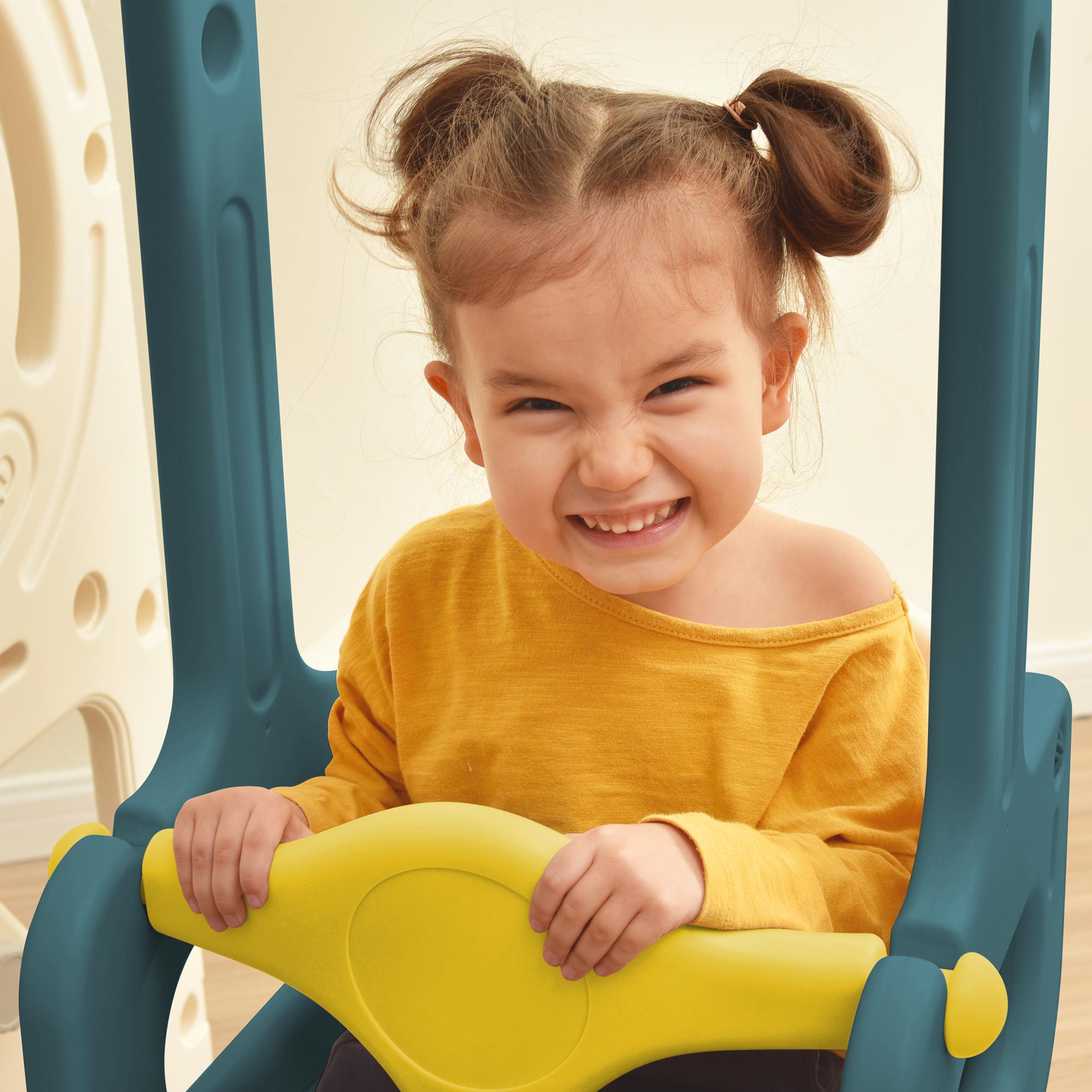 Slide for children, 5-in-1 bus, swing, slide, stepladder, basketball hoop, HDPE