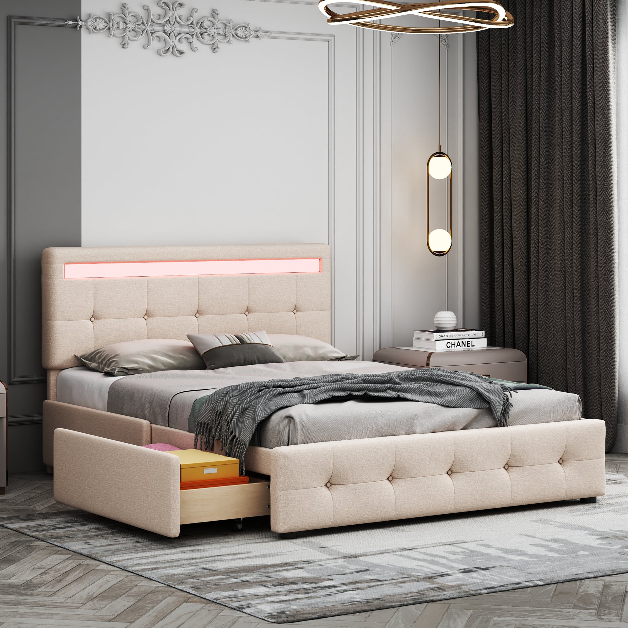 Upholstered Bed 140x200cm, LED, Slatted Frame, 4 Drawers, Beige Linen