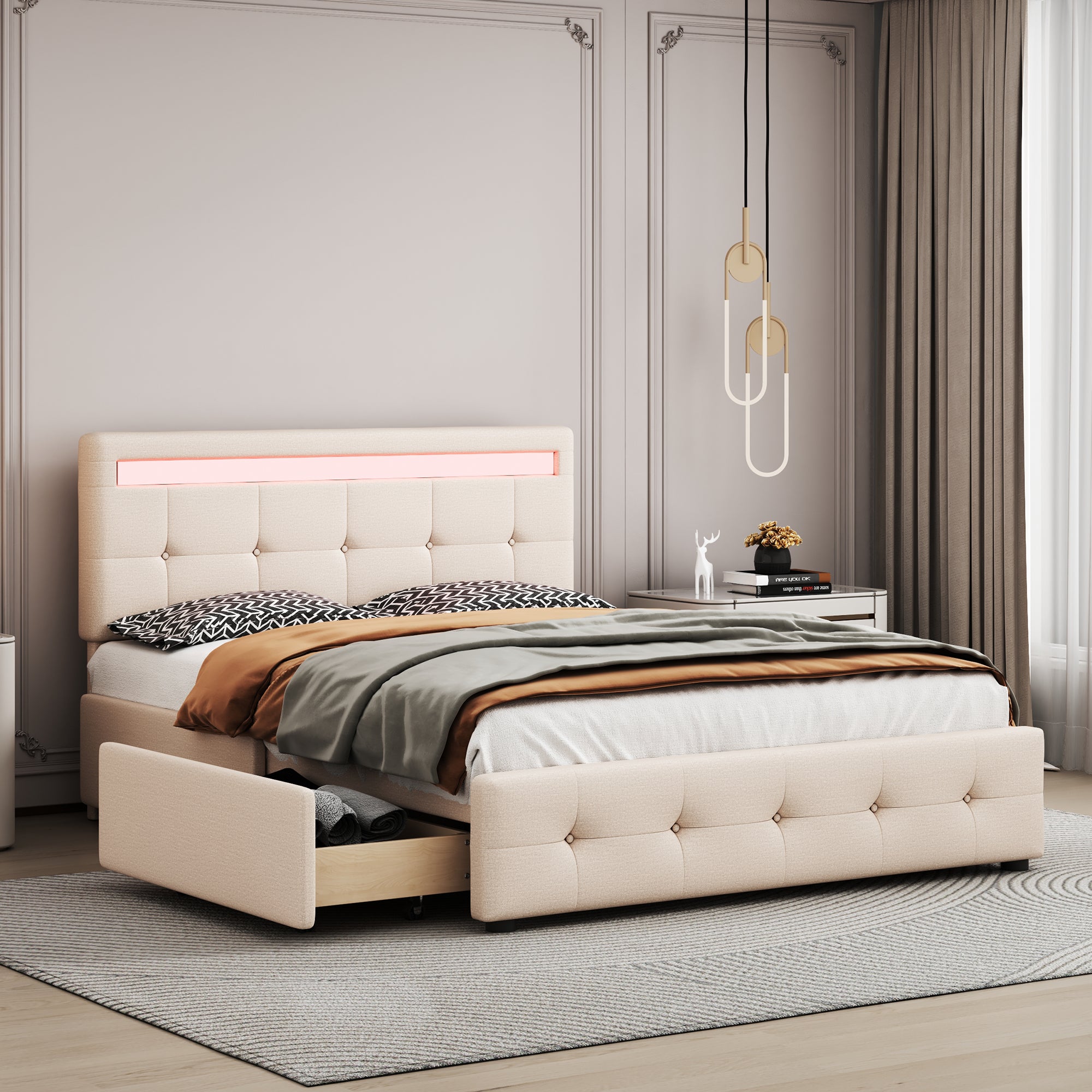 Upholstered Bed 140x200cm, LED, Slatted Frame, 4 Drawers, Beige Linen