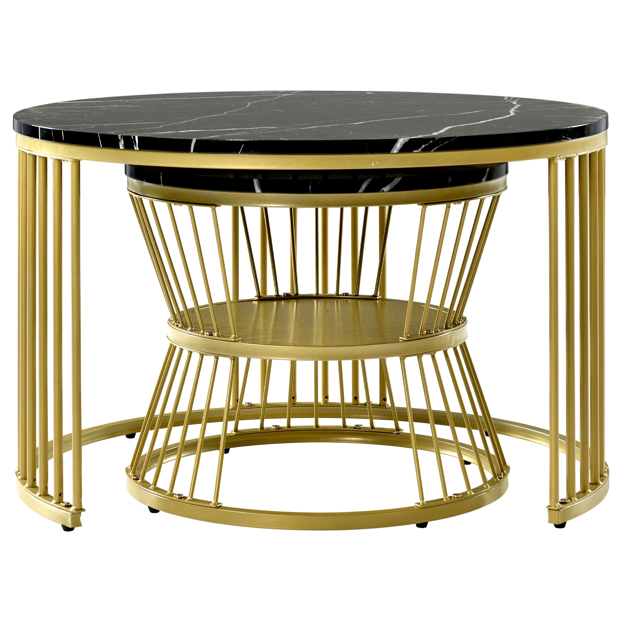 Round Coffee Tables, Set of 2 Nesting End Tables with Gold Metal Frame and Marble Pattern Top