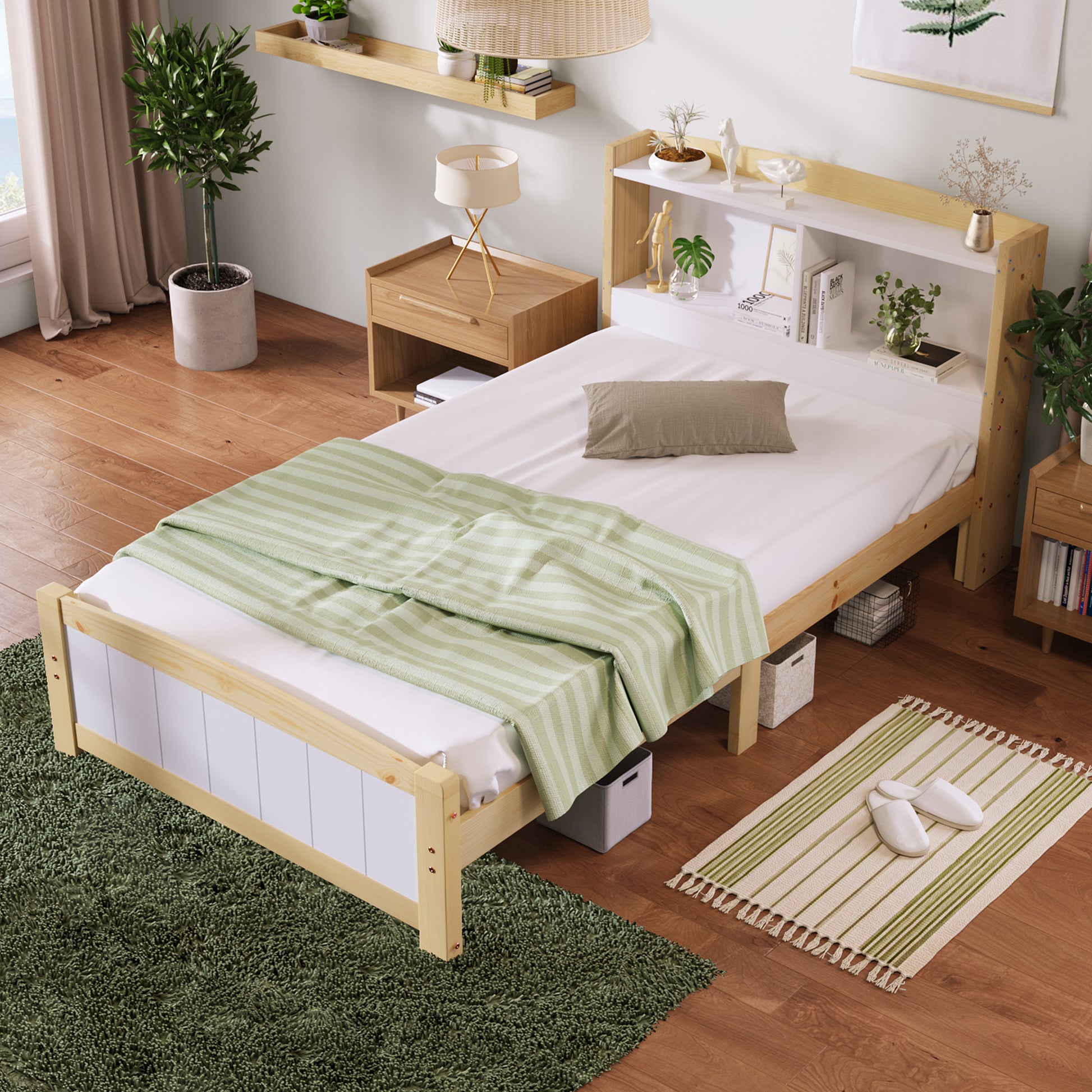 Wooden bed with green blanket in a well-decorated bedroom