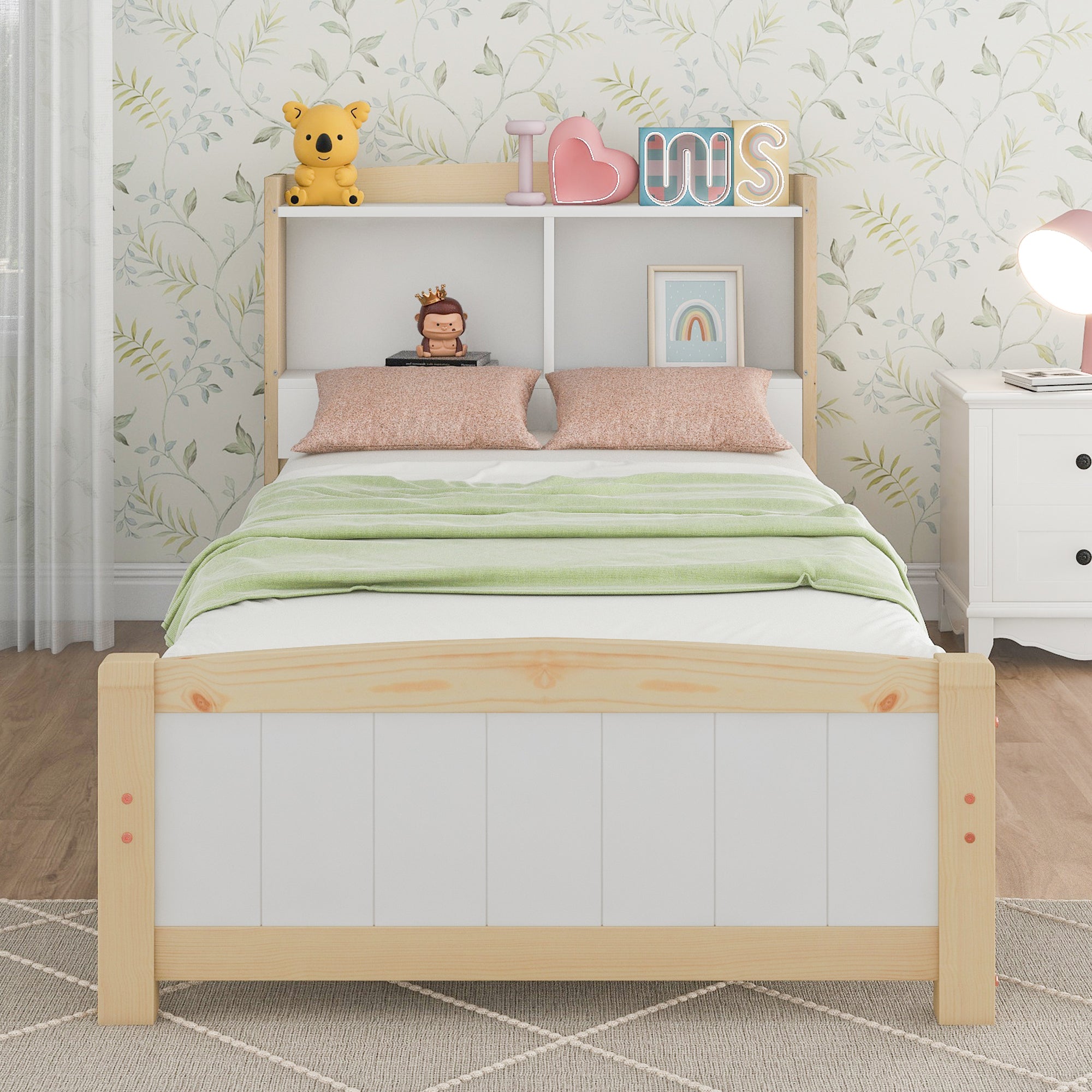 Solid Wood Single Bed with Storage Headboard, 90 x 200 cm, Pine, Natural and White