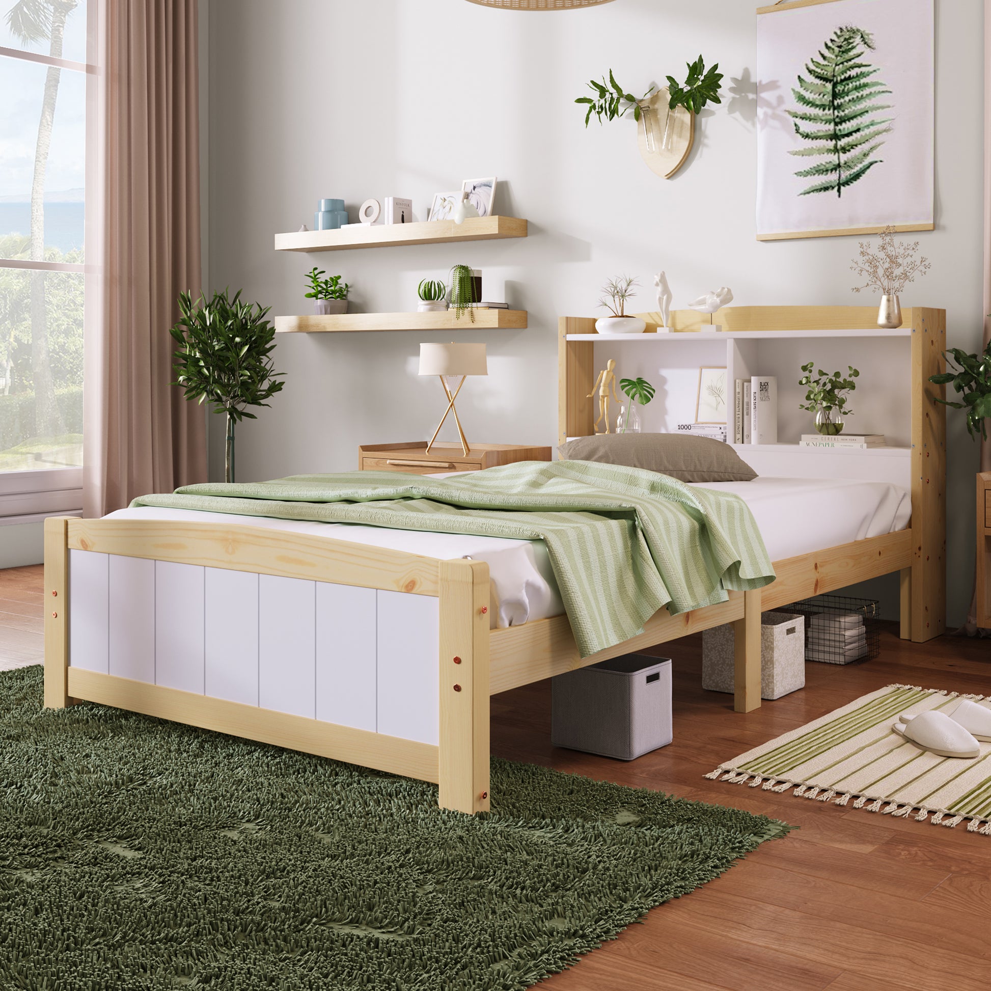 Bedroom with wooden bed, green bedding, and shelves with decor