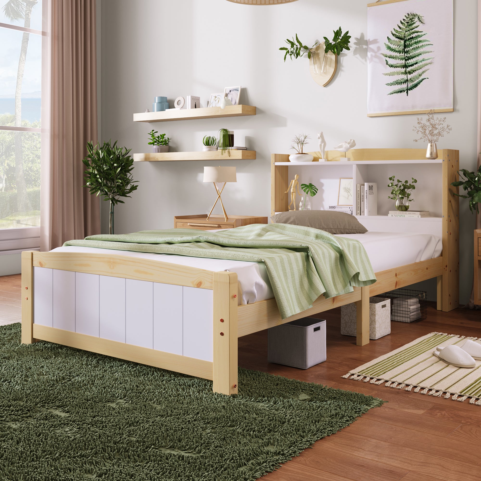 Single Bed with Storage Headboard, 90x200cm Solid Pine, Natural and White