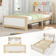 Solid Wood Single Bed with Storage Headboard, 90 x 200 cm, Pine, Natural and White