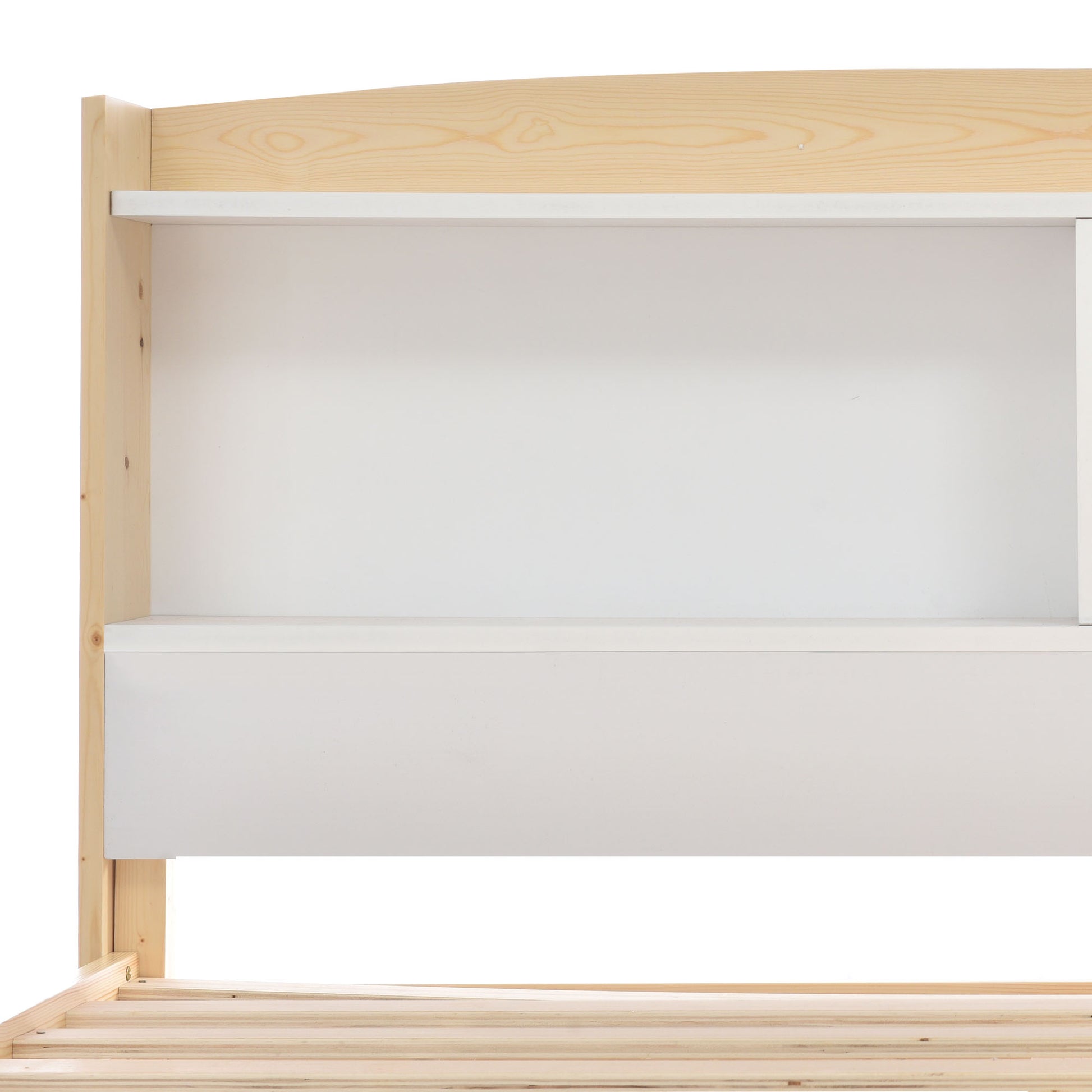 Wooden shelf with white roller blind on a white background