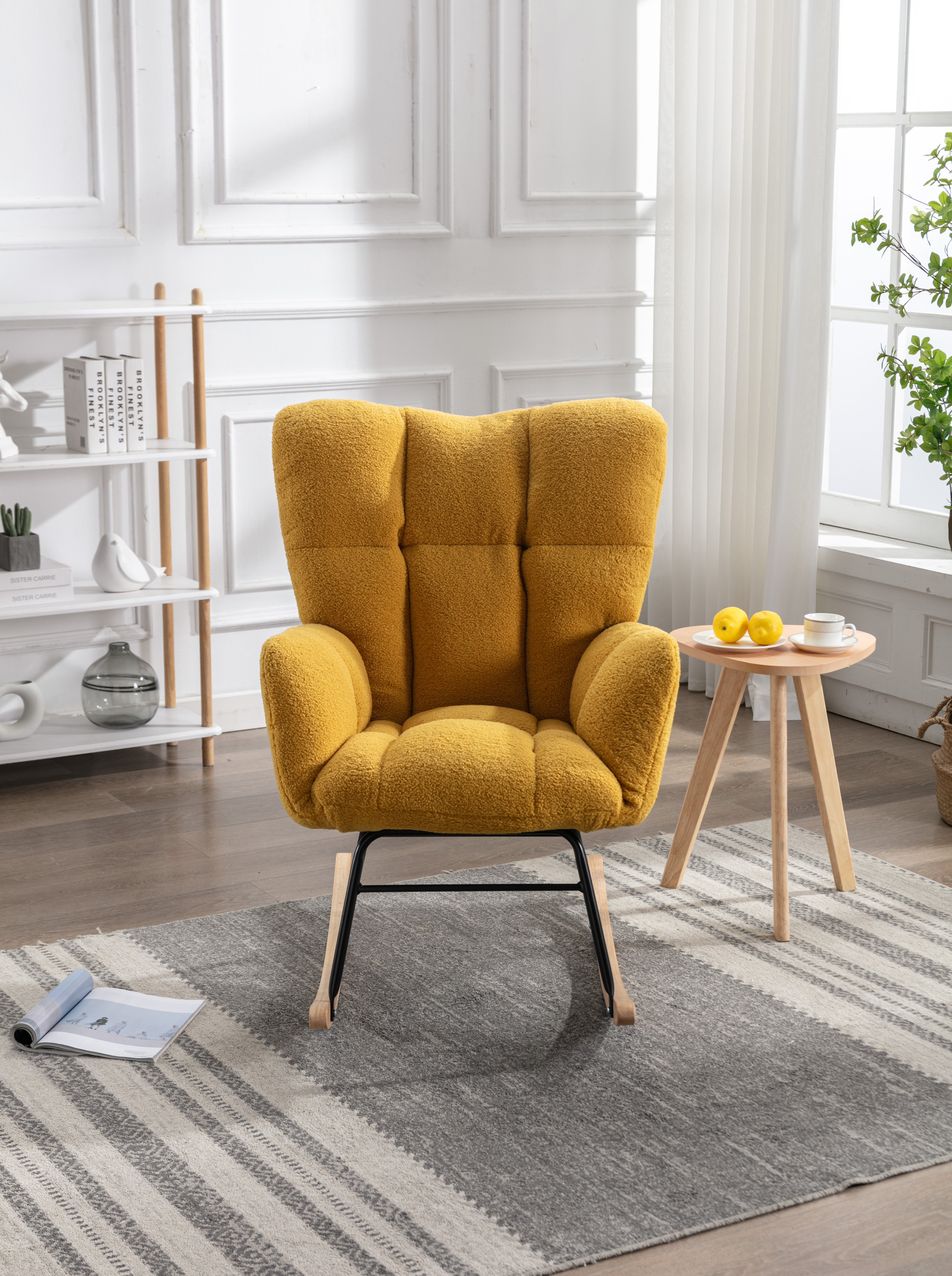 Mid Century Modern Rocking Chair, Teddy Fabric Tufted Upholstered, Padded Seat for Living Room Bedroom, Yellow