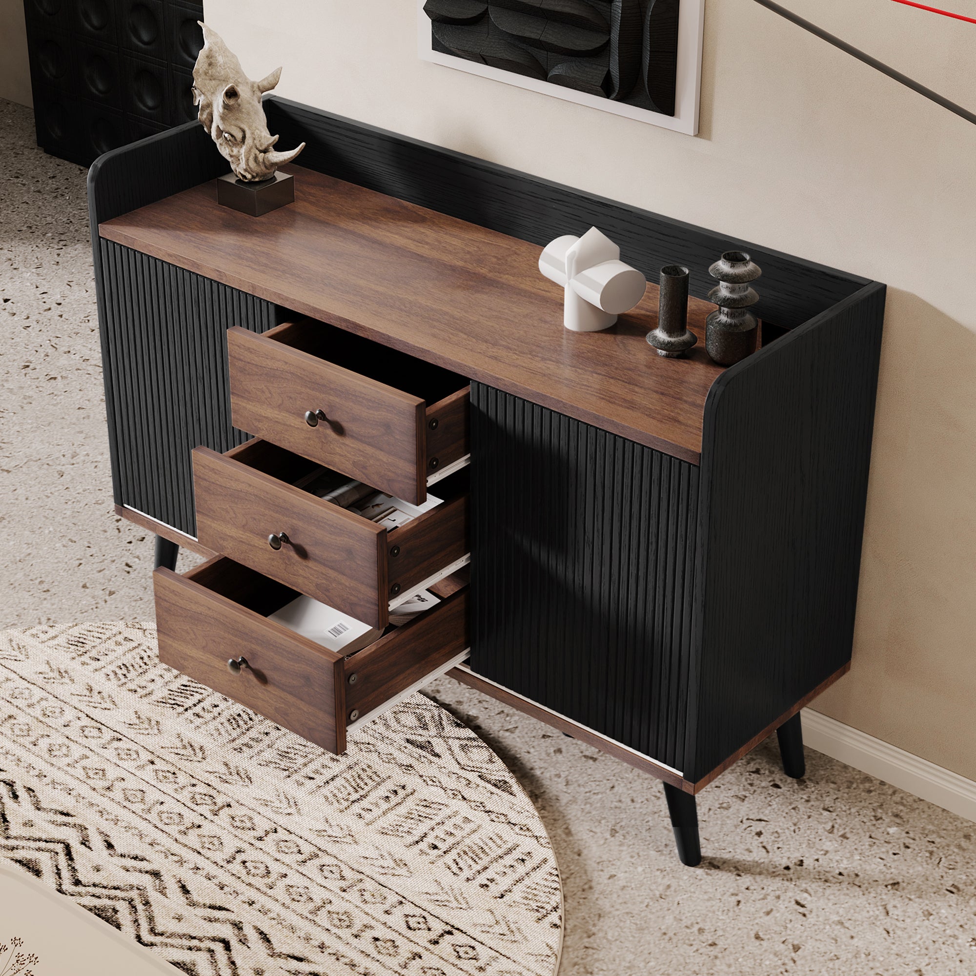 Sideboard with Three Drawers, Storage Shelves, Wood-Colored
