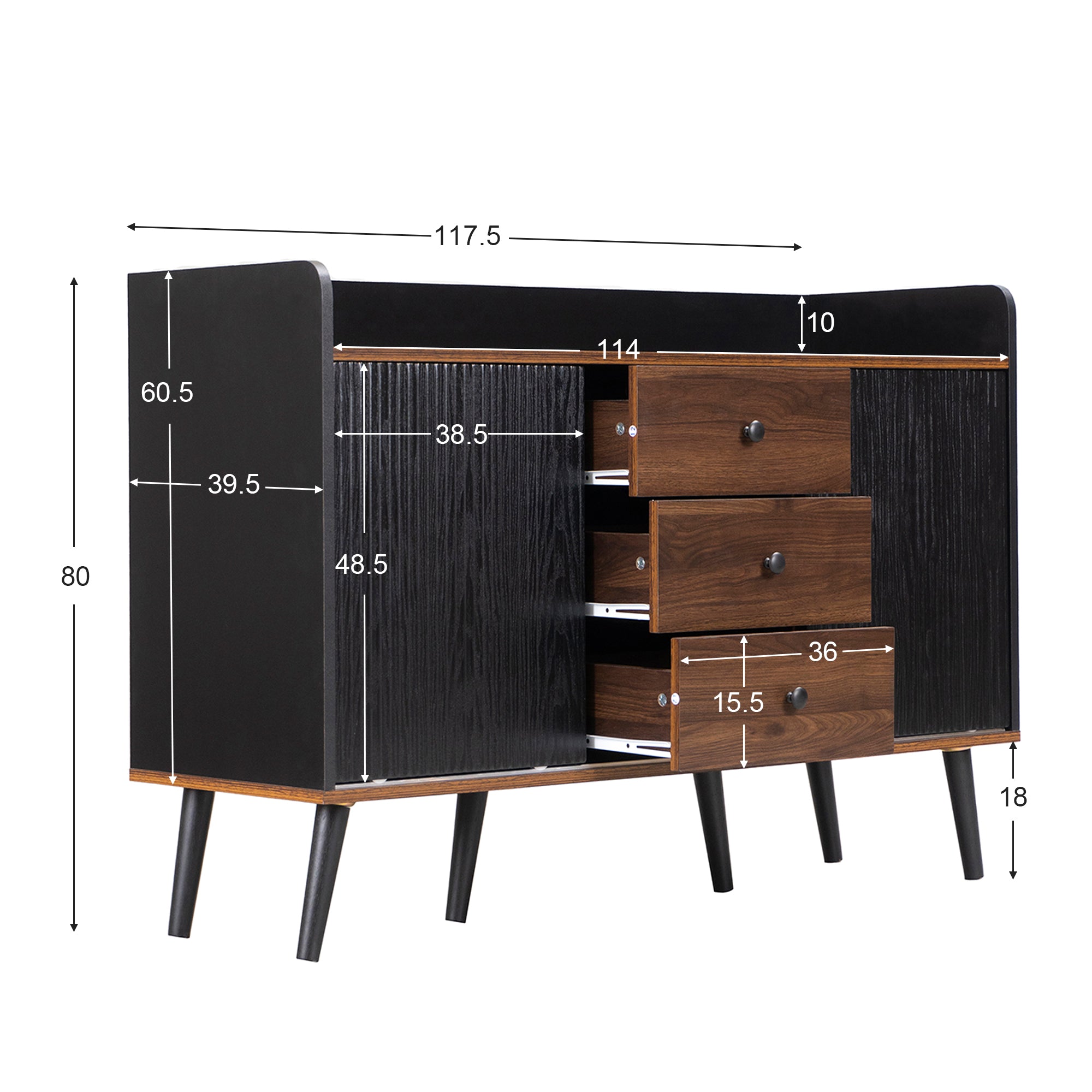 Sideboard with Three Drawers, Storage Shelves, Wood-Colored