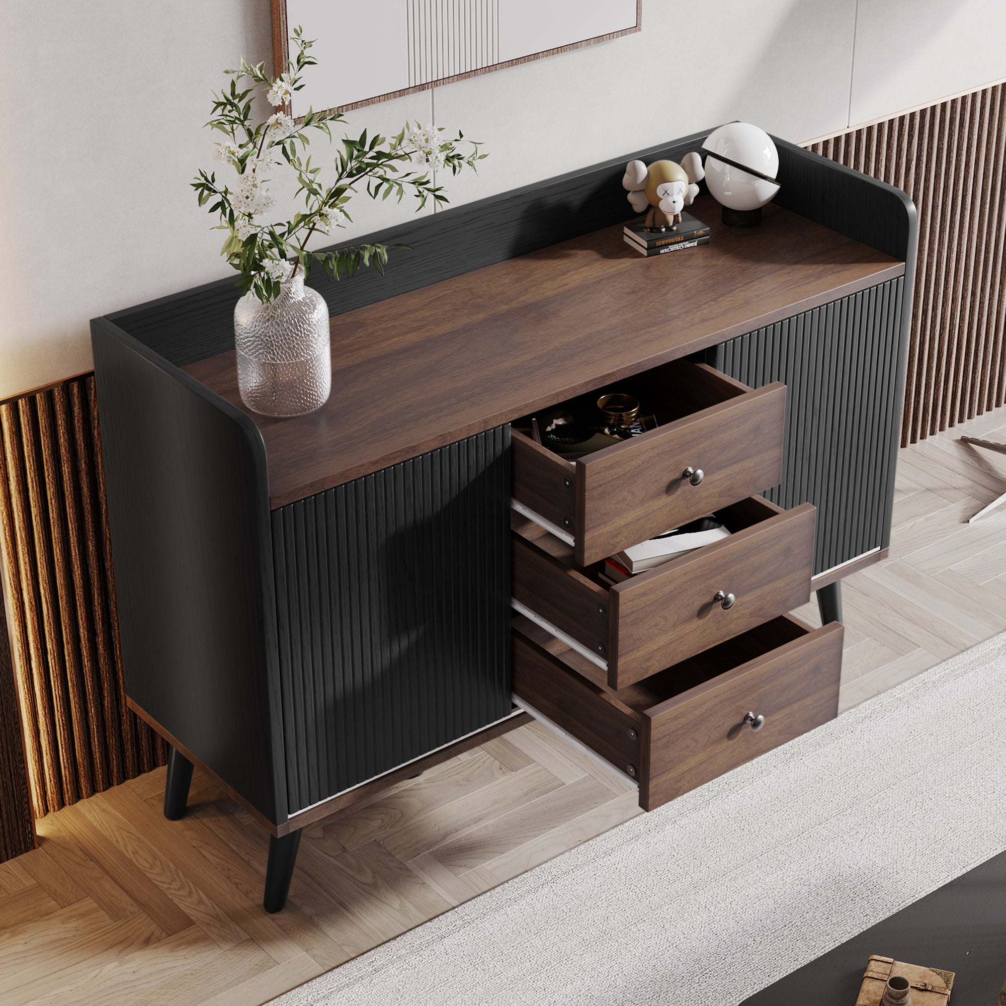 Sideboard with Three Drawers, Storage Shelves, Wood-Colored