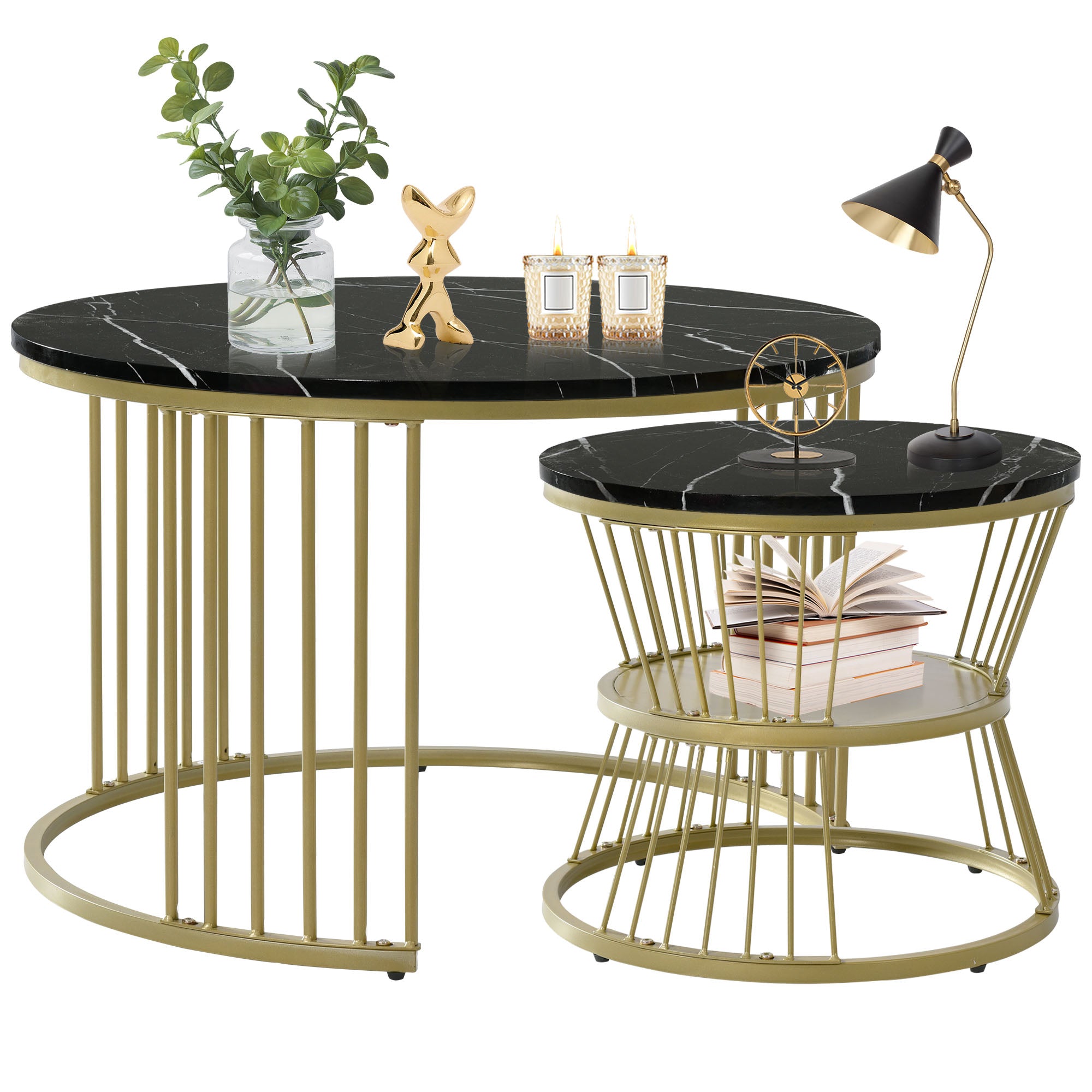 Round Coffee Tables, Set of 2 Nesting End Tables with Gold Metal Frame and Marble Pattern Top
