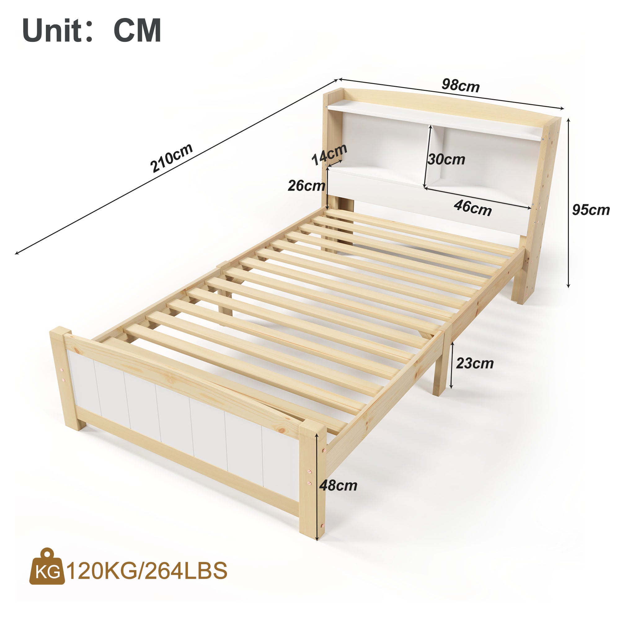 Solid Wooden Bed Frames, Single Storage Headboard Bed, 3FT Single (90 x 190 cm) Frame Only