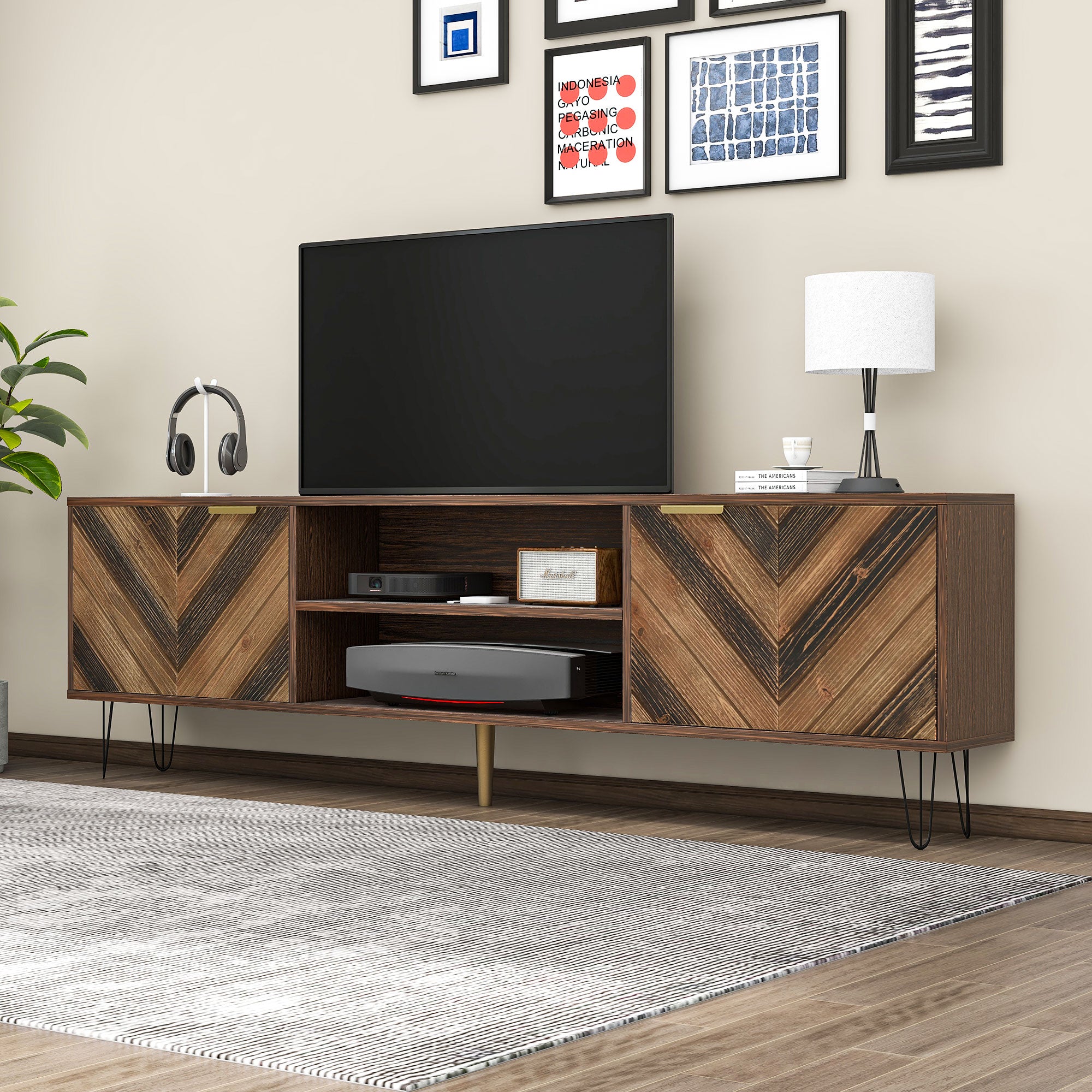 TV cabinet, two doors two compartments low panel, solid wood veneer with gold handles and iron feet