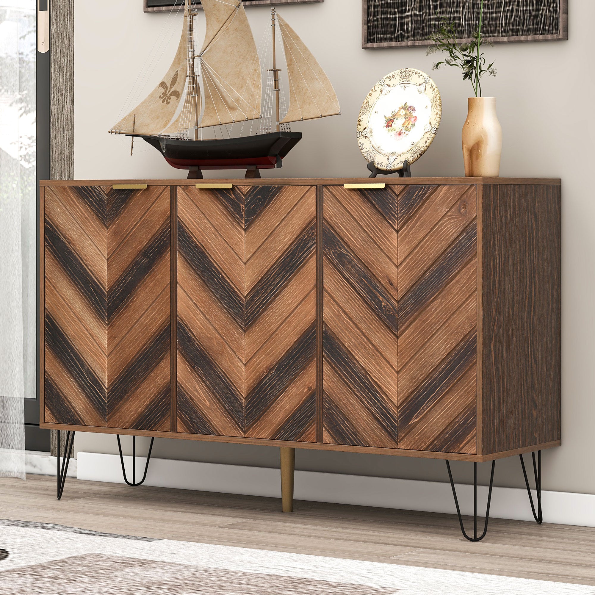 Sideboard, Three Doors, Solid Wood Veneer with Golden G