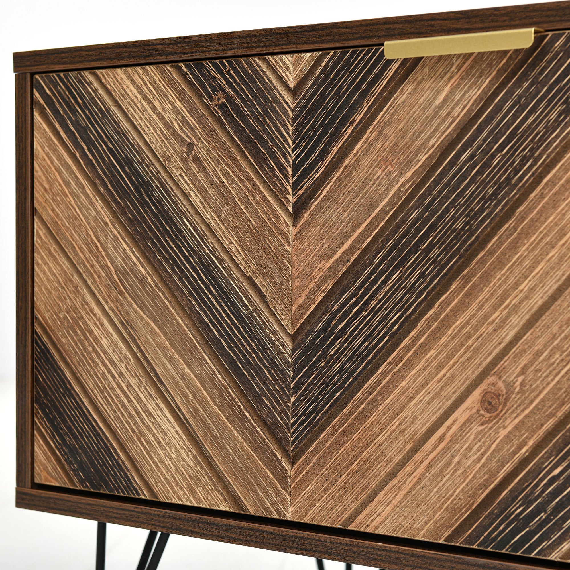 TV cabinet, two doors two compartments low panel, solid wood veneer with gold handles and iron feet