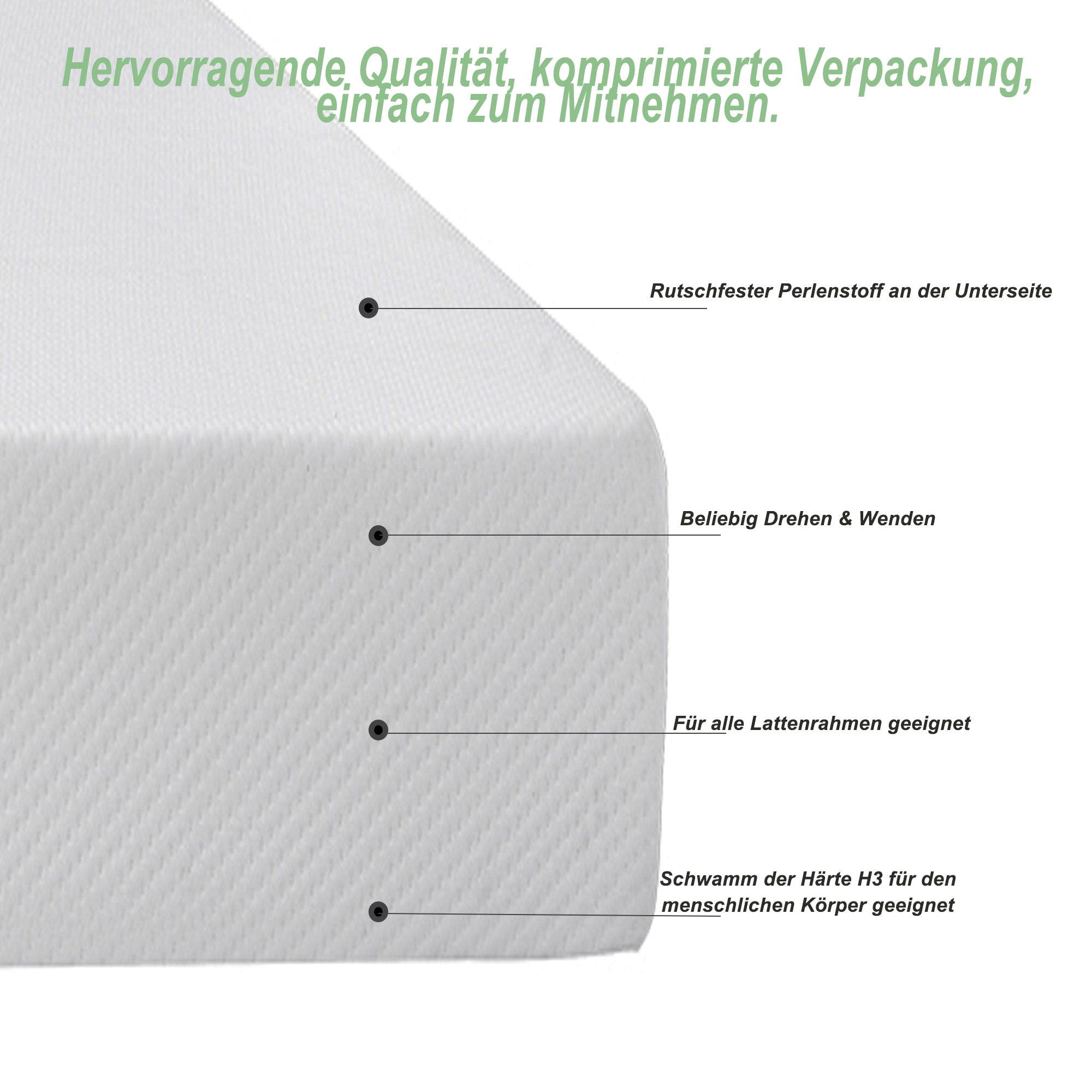 Comfortable mattress, anti-slip, Oeko-Tex certified, ergonomic, breathable, durable, firmness H3, 140x200cm