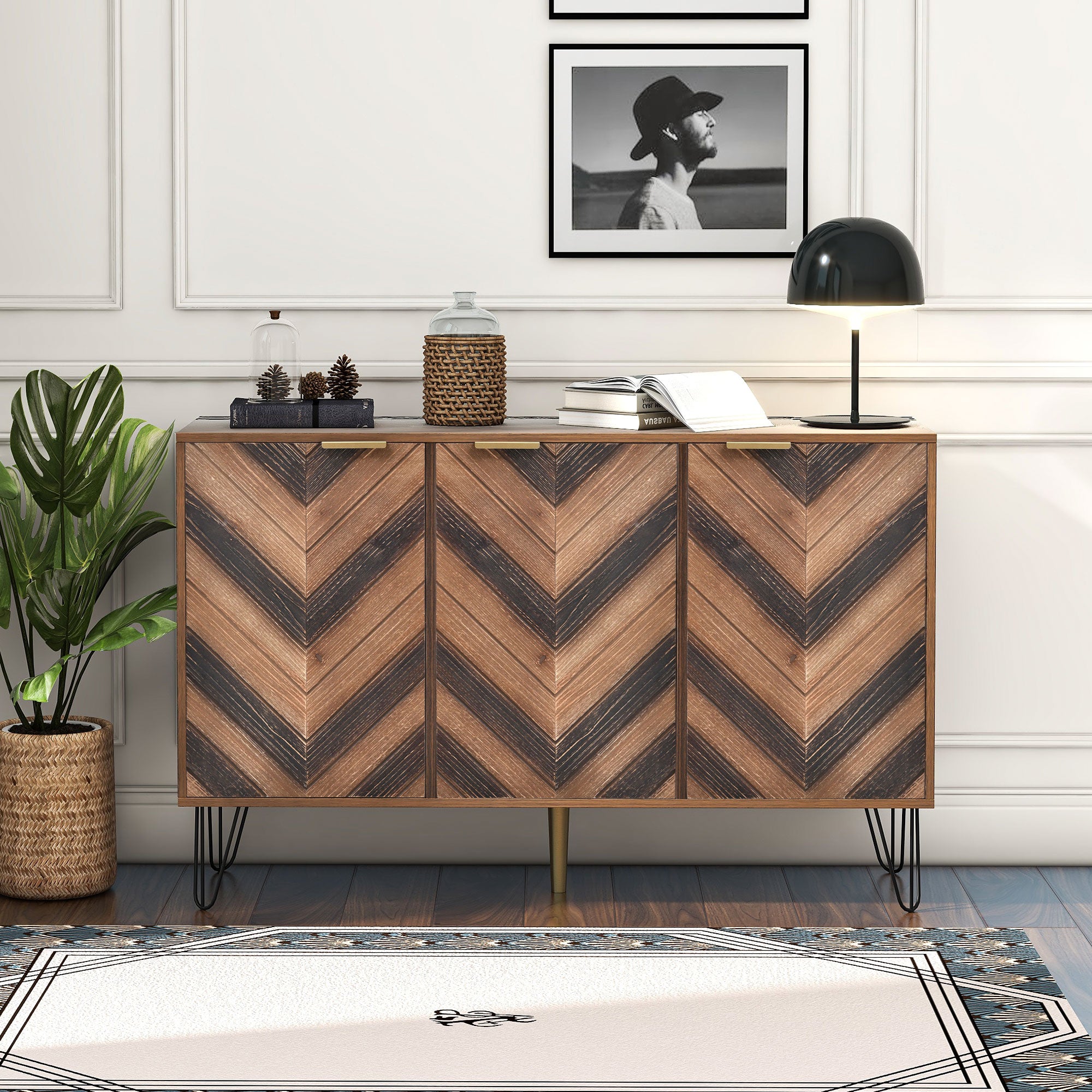 Sideboard, Three Doors, Solid Wood Veneer with Golden G