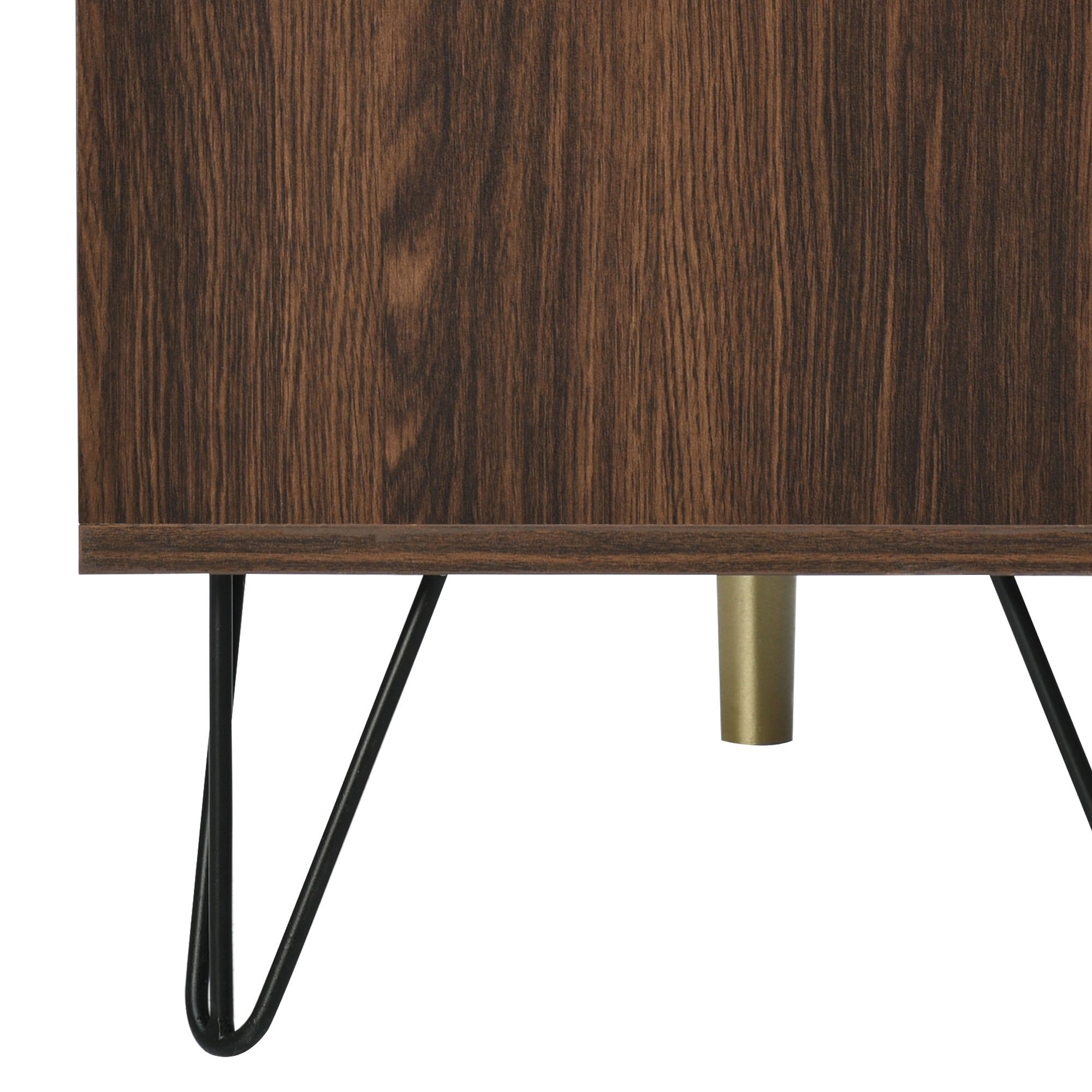 TV cabinet, two doors two compartments low panel, solid wood veneer with gold handles and iron feet