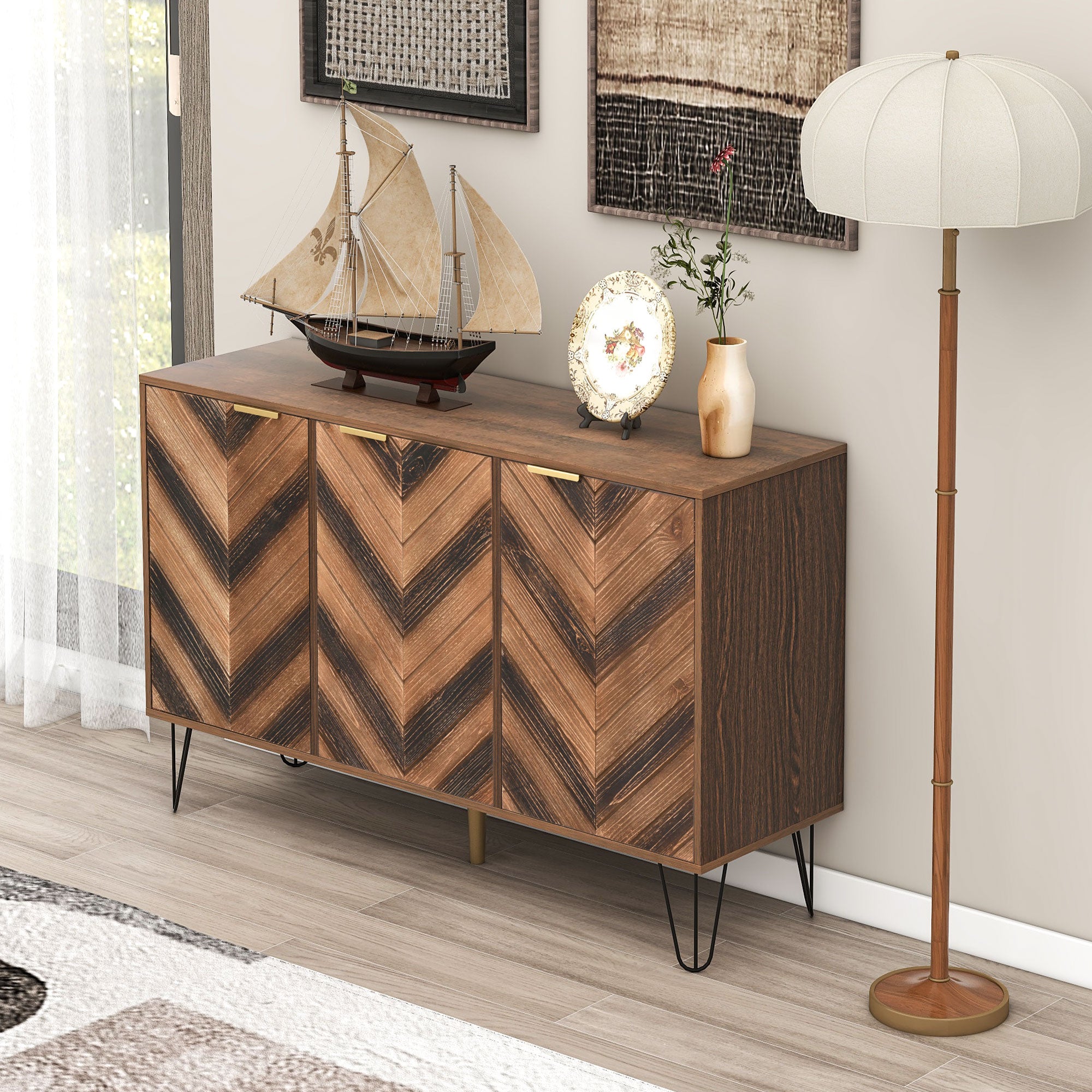 Sideboard, Three Doors, Solid Wood Veneer with Golden G
