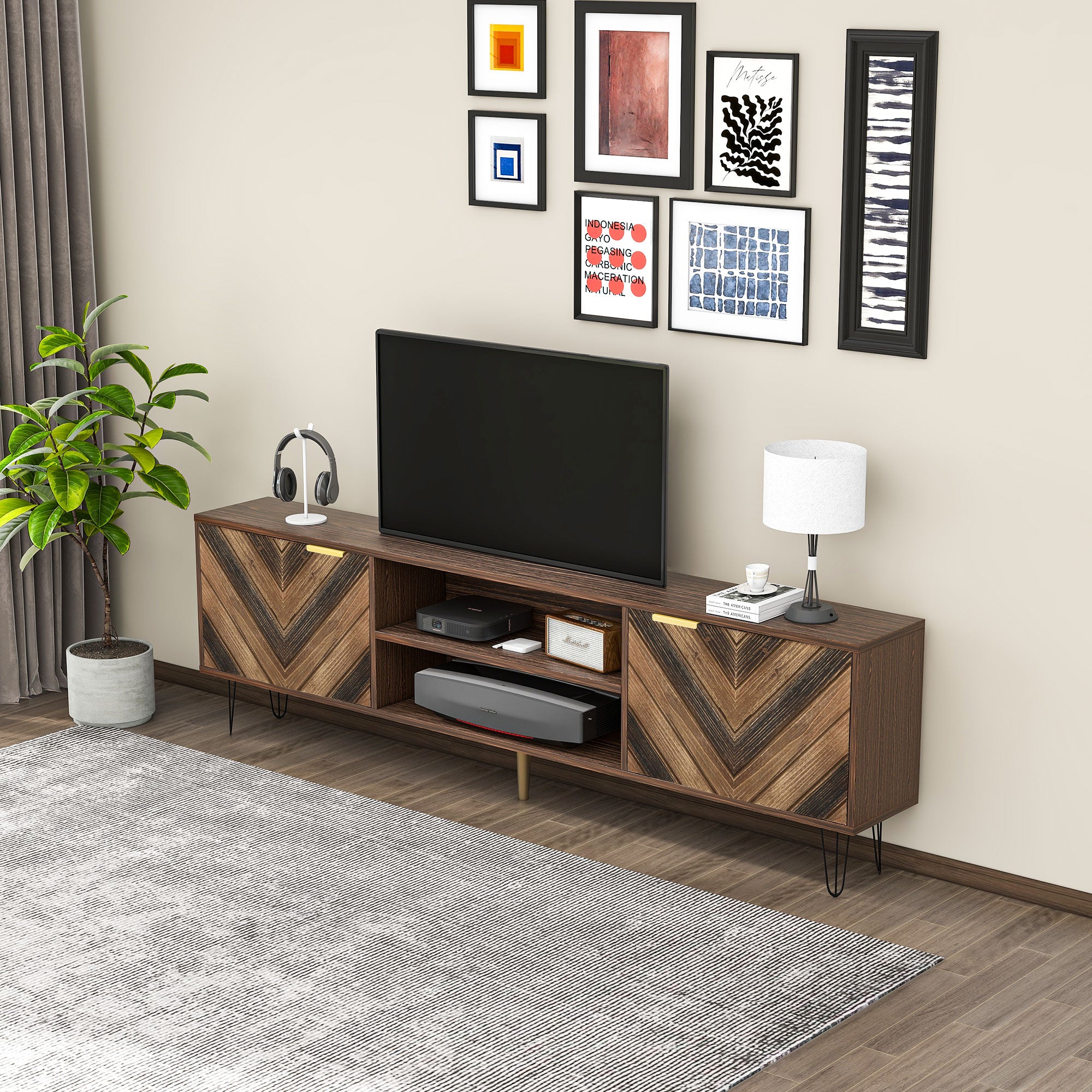 TV cabinet, two doors two compartments low panel, solid wood veneer with gold handles and iron feet