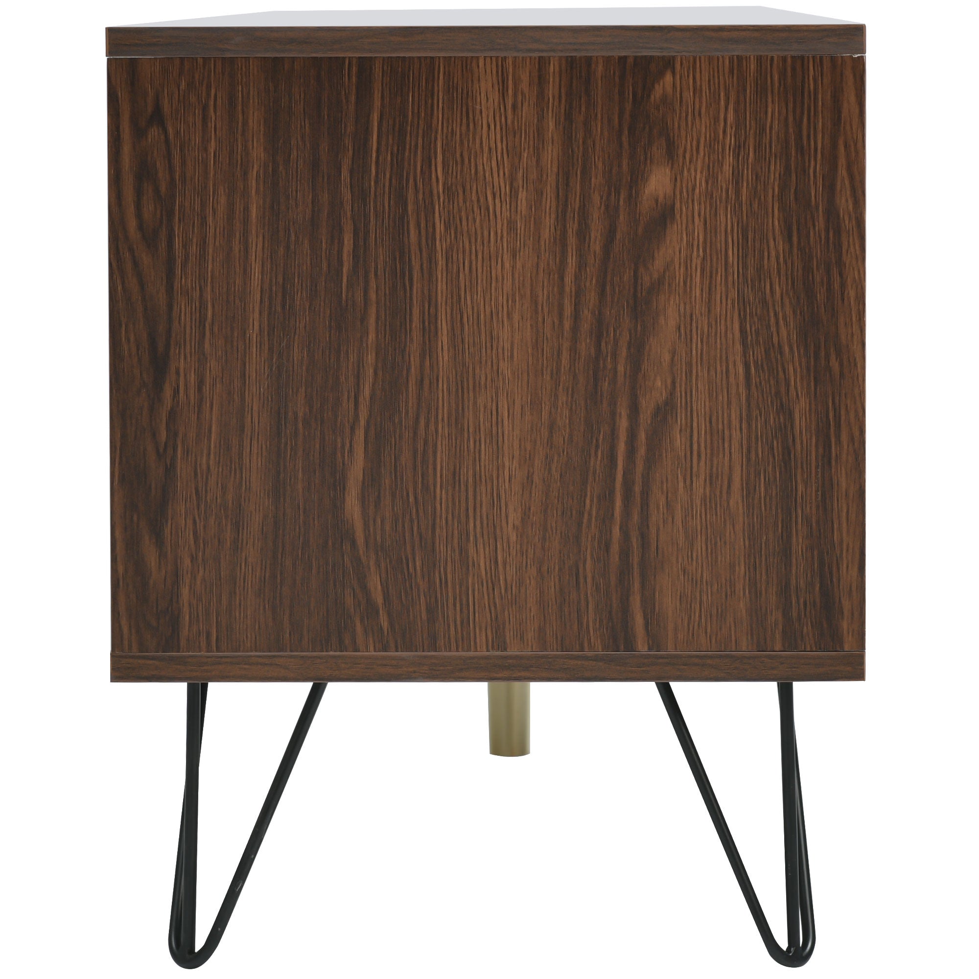 TV cabinet, two doors two compartments low panel, solid wood veneer with gold handles and iron feet