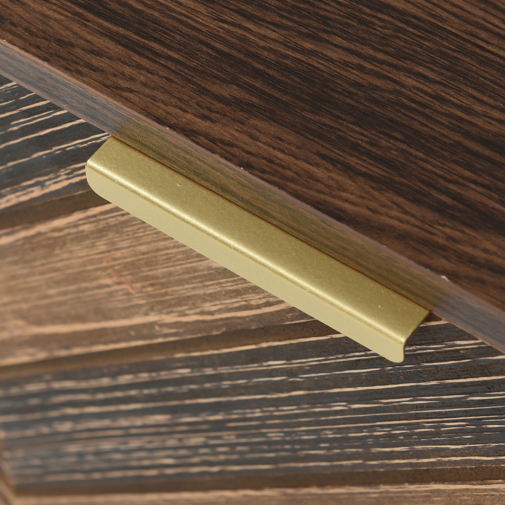 TV cabinet, two doors two compartments low panel, solid wood veneer with gold handles and iron feet