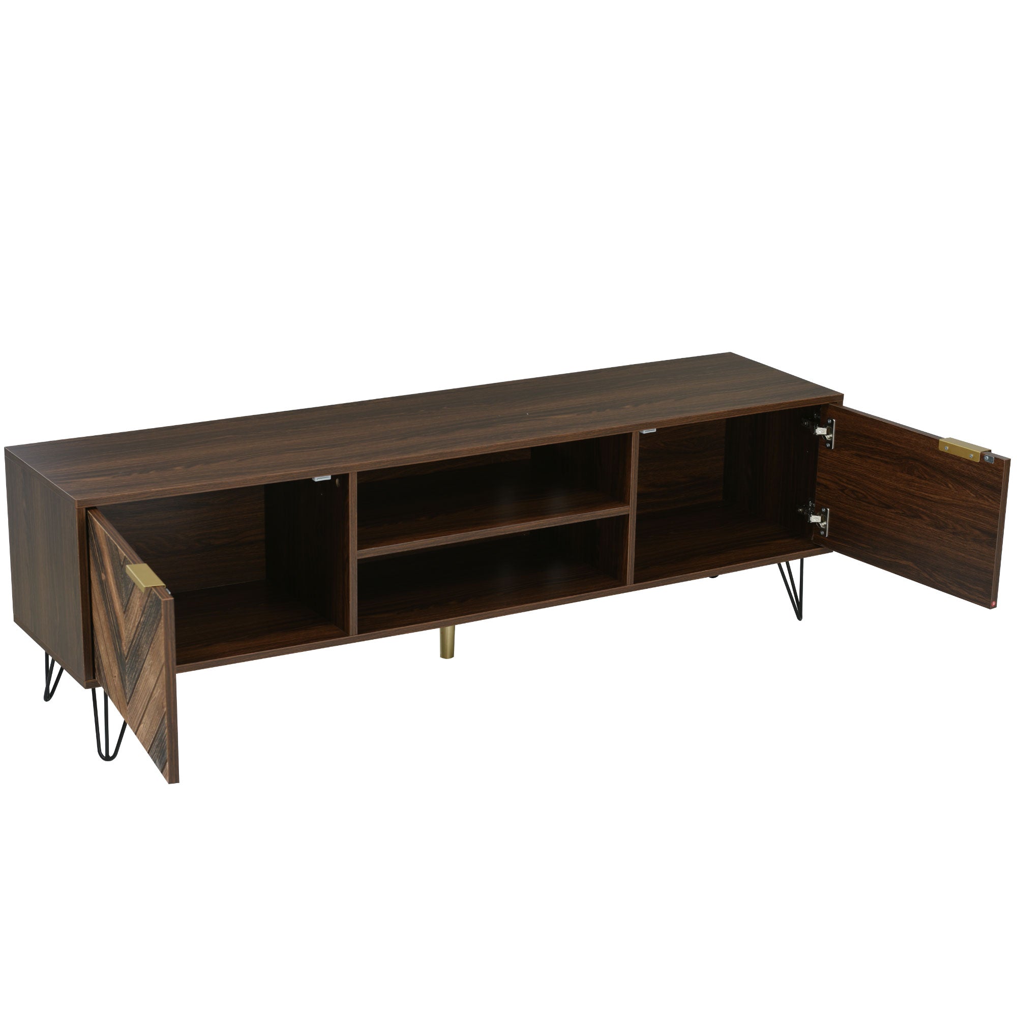 TV cabinet, two doors two compartments low panel, solid wood veneer with gold handles and iron feet