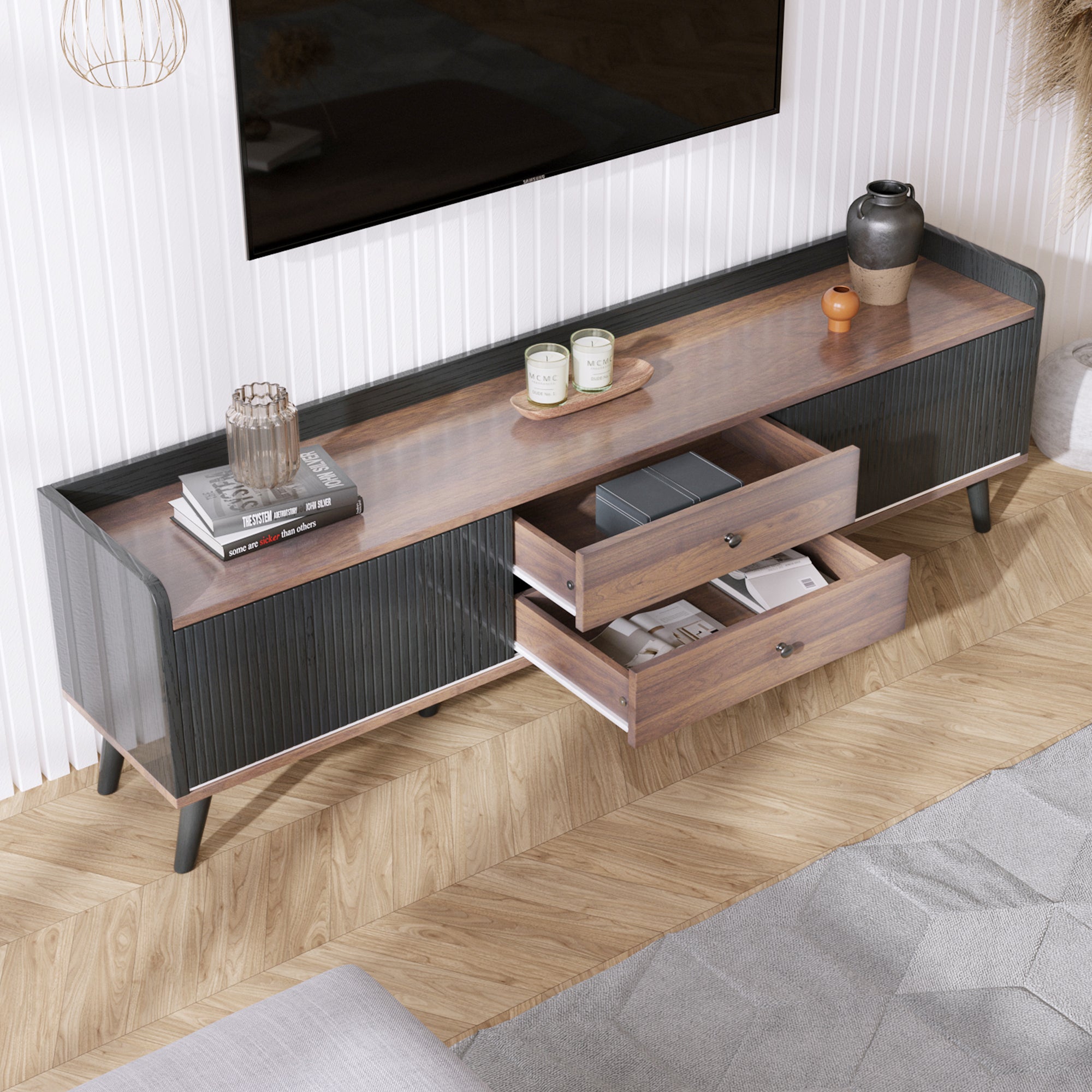 TV Cabinet, Two Drawers Sliding Doors Lowboard, Black and Natural Wood