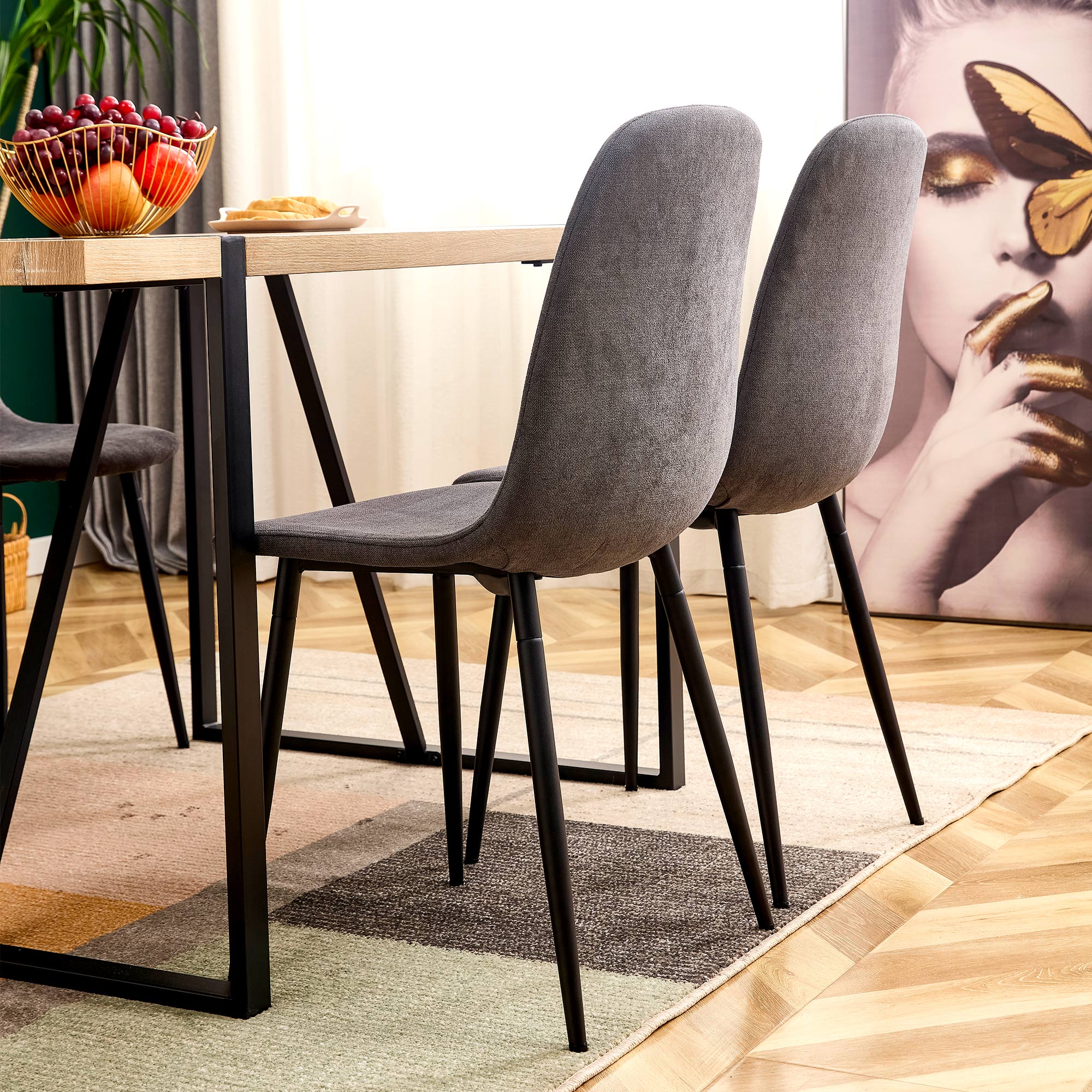 Dining Chair (4 pcs), Scandinavian Vintage with Steel Legs, Black/Grey Suede