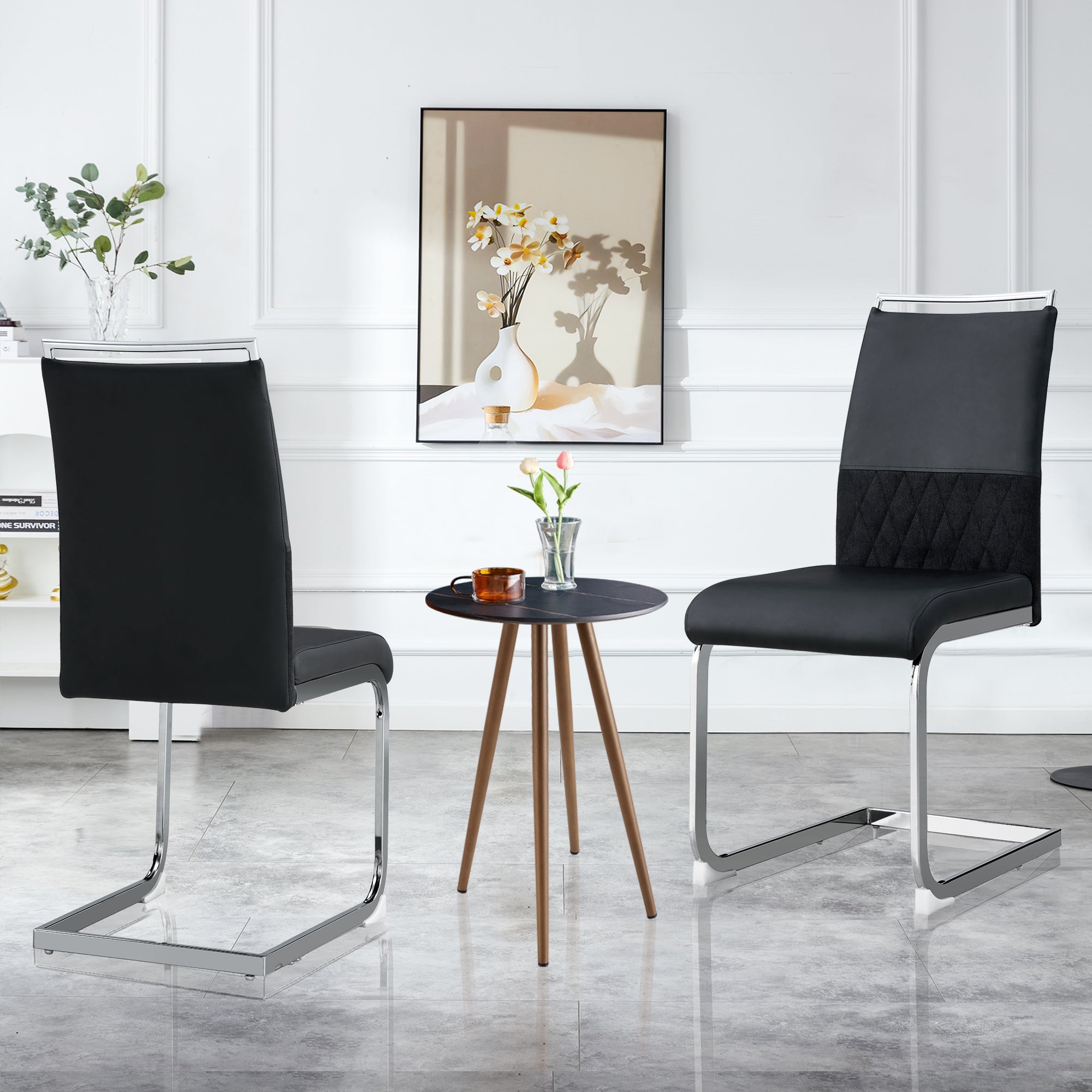 Modern Dining Chairs Set of 2, High Back Upholstered Side Chair, PU Leather and Linen, Black