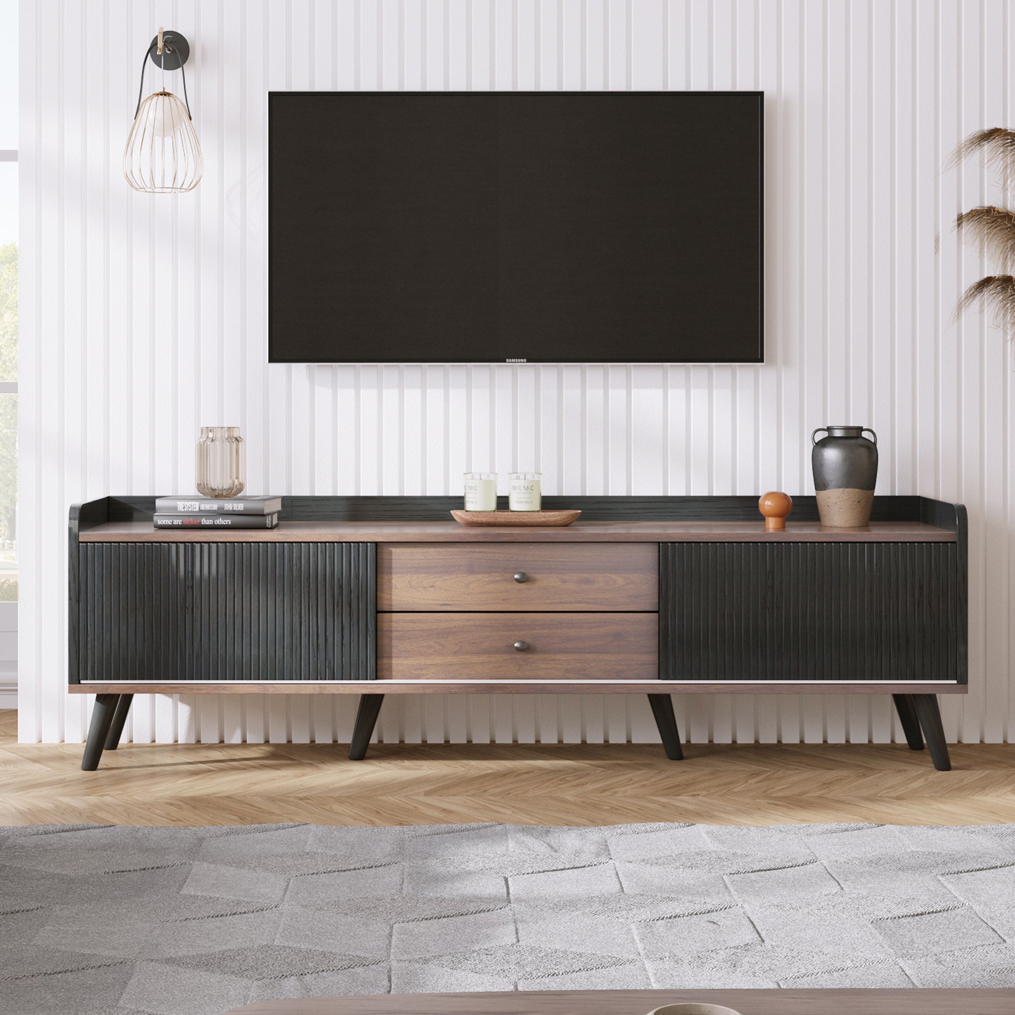 TV Cabinet, Two Drawers Sliding Doors Lowboard, Black and Natural Wood