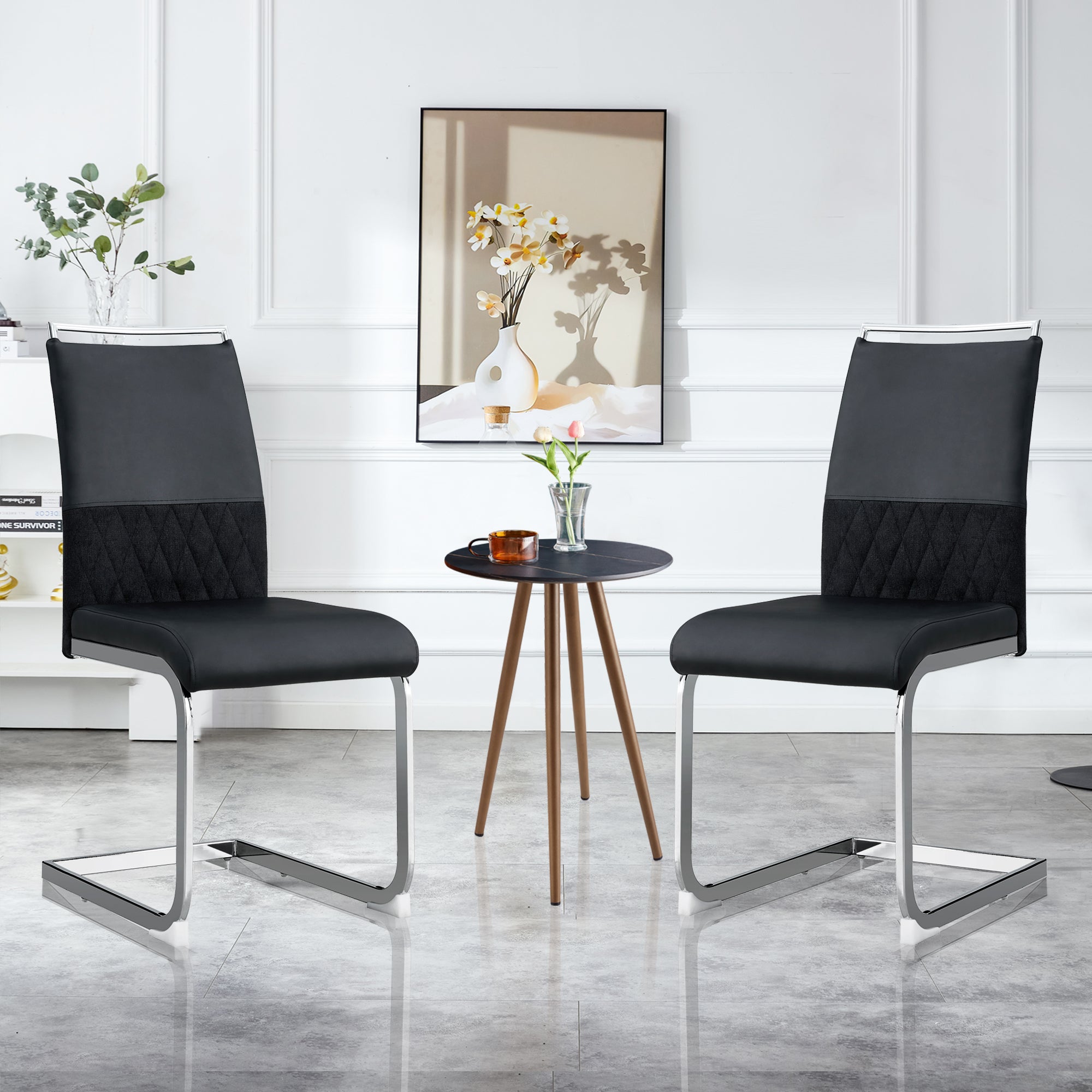 Modern Dining Chairs Set of 2, High Back Upholstered Side Chair, PU Leather and Linen, Black