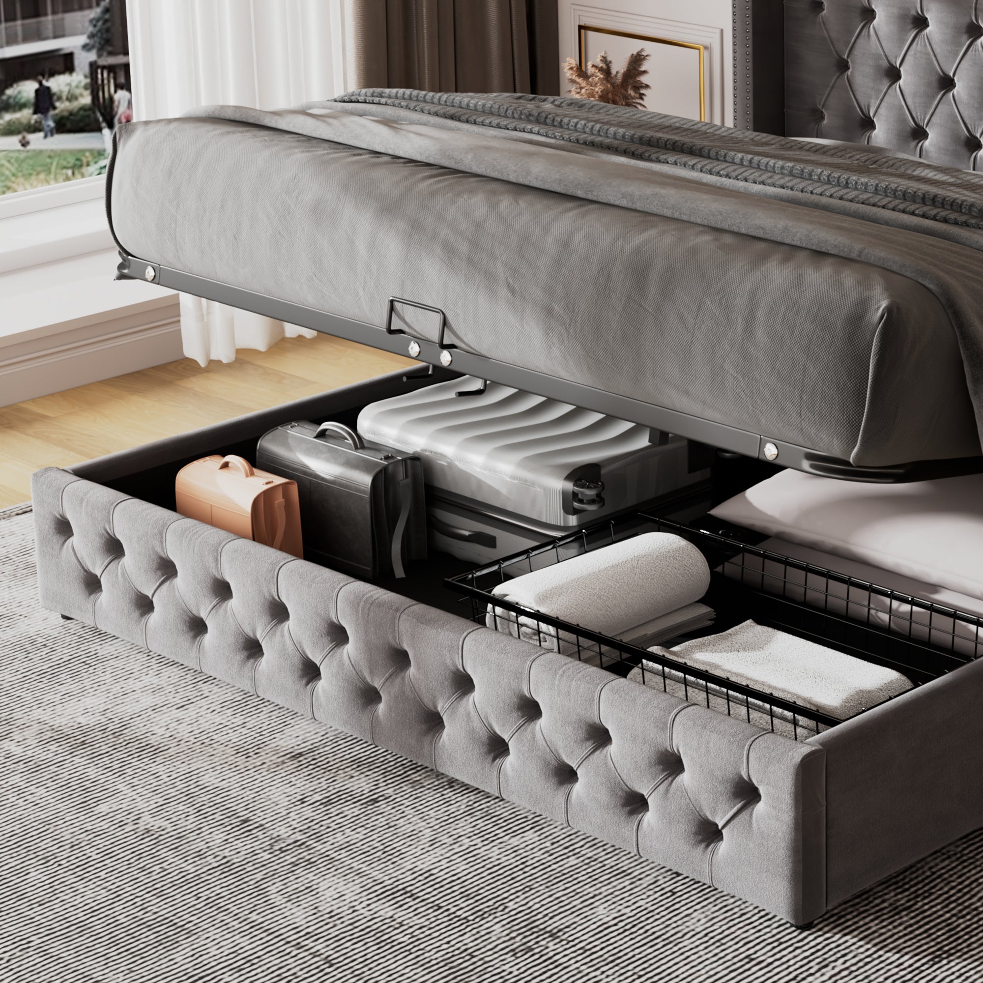 Upholstered Bed, Hydraulic Lift, Storage, 150x200 cm, Grey Velvet