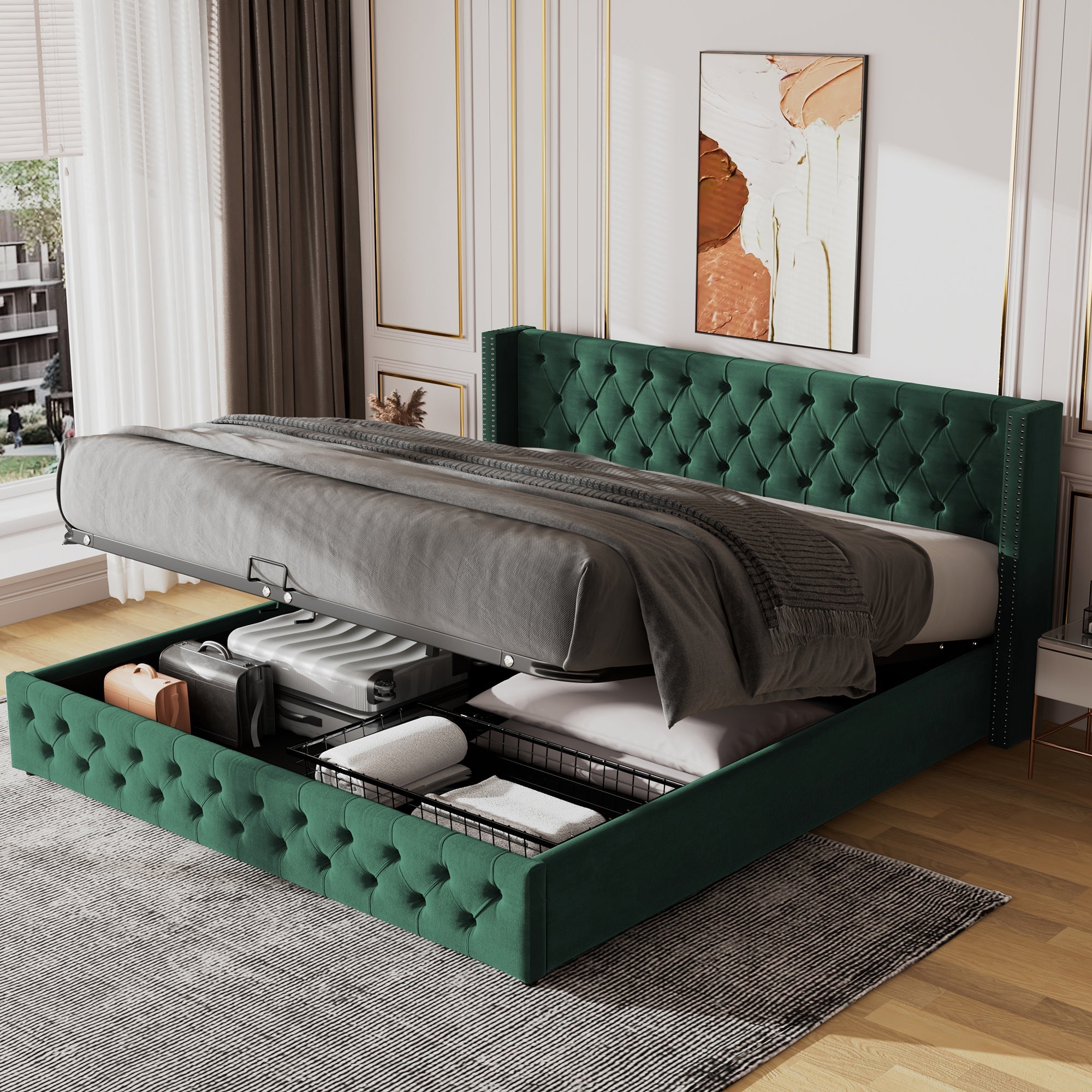 Upholstered Bed, 135x190cm, Hydraulic Lift Storage, Velvet Green
