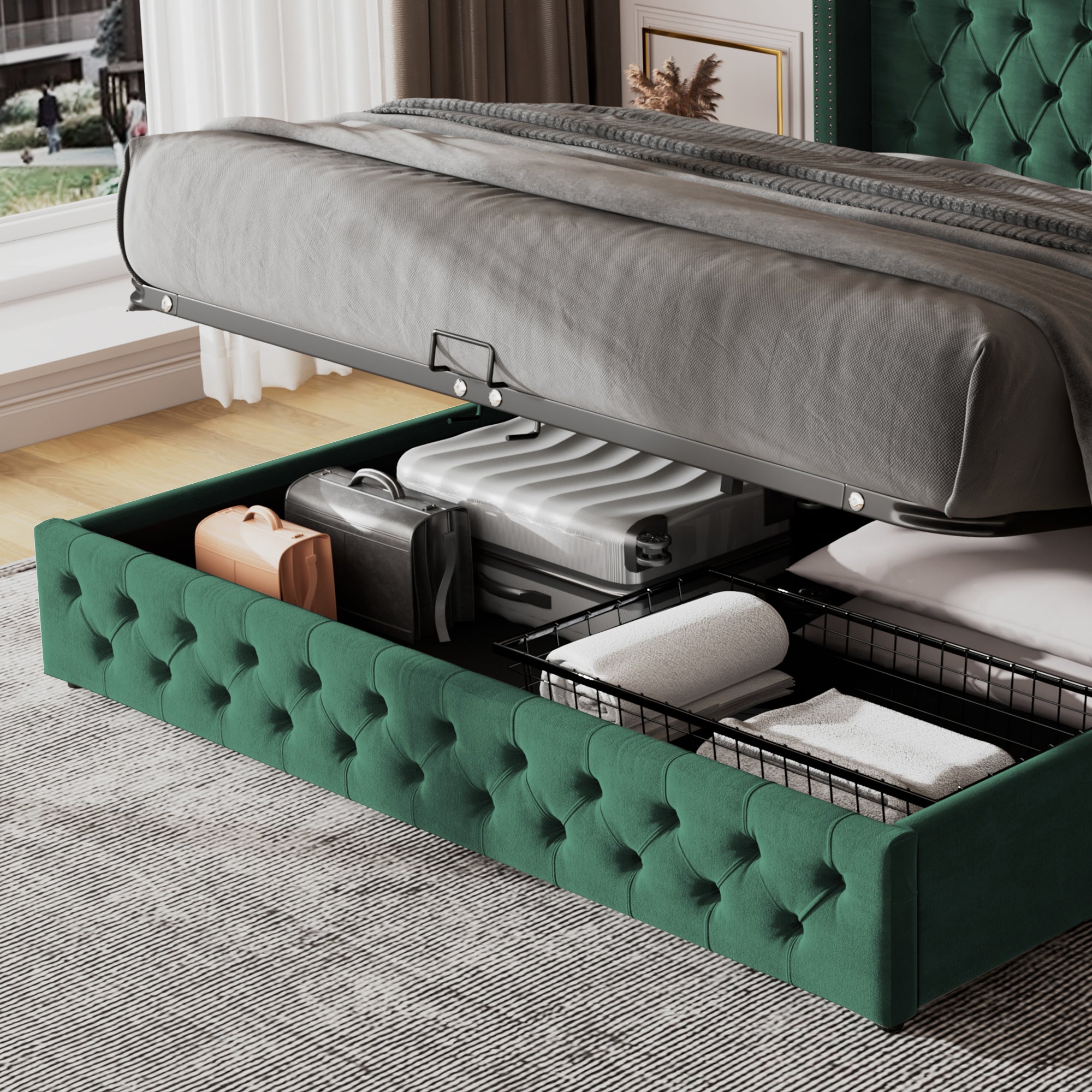 Upholstered Bed, 135x190cm, Hydraulic Lift Storage, Velvet Green