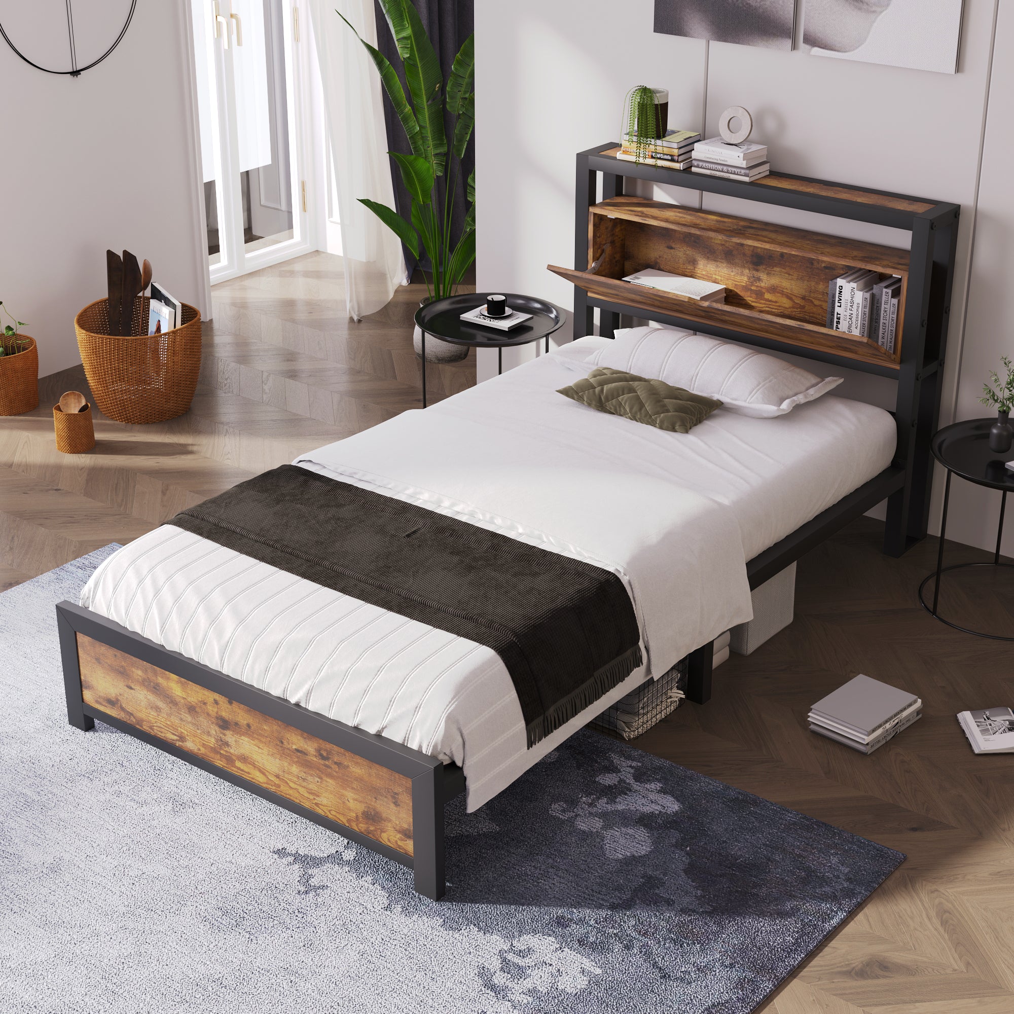 Metal Bed Single 90 x 200 cm with Storage Headboard, Black Steel