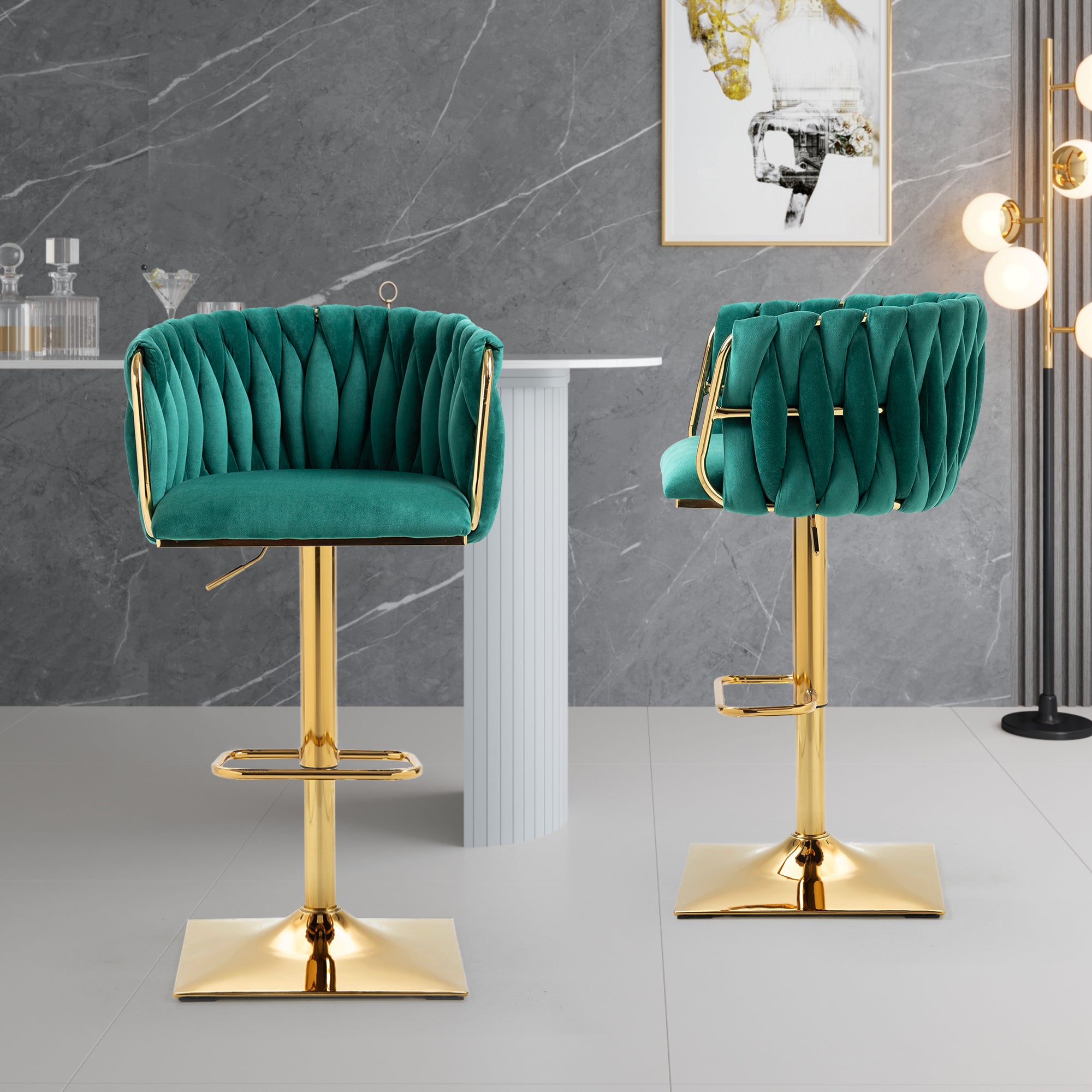 Velvet Bar Stools, Adjustable Swivel with Footrest, Emerald (Set of 2)