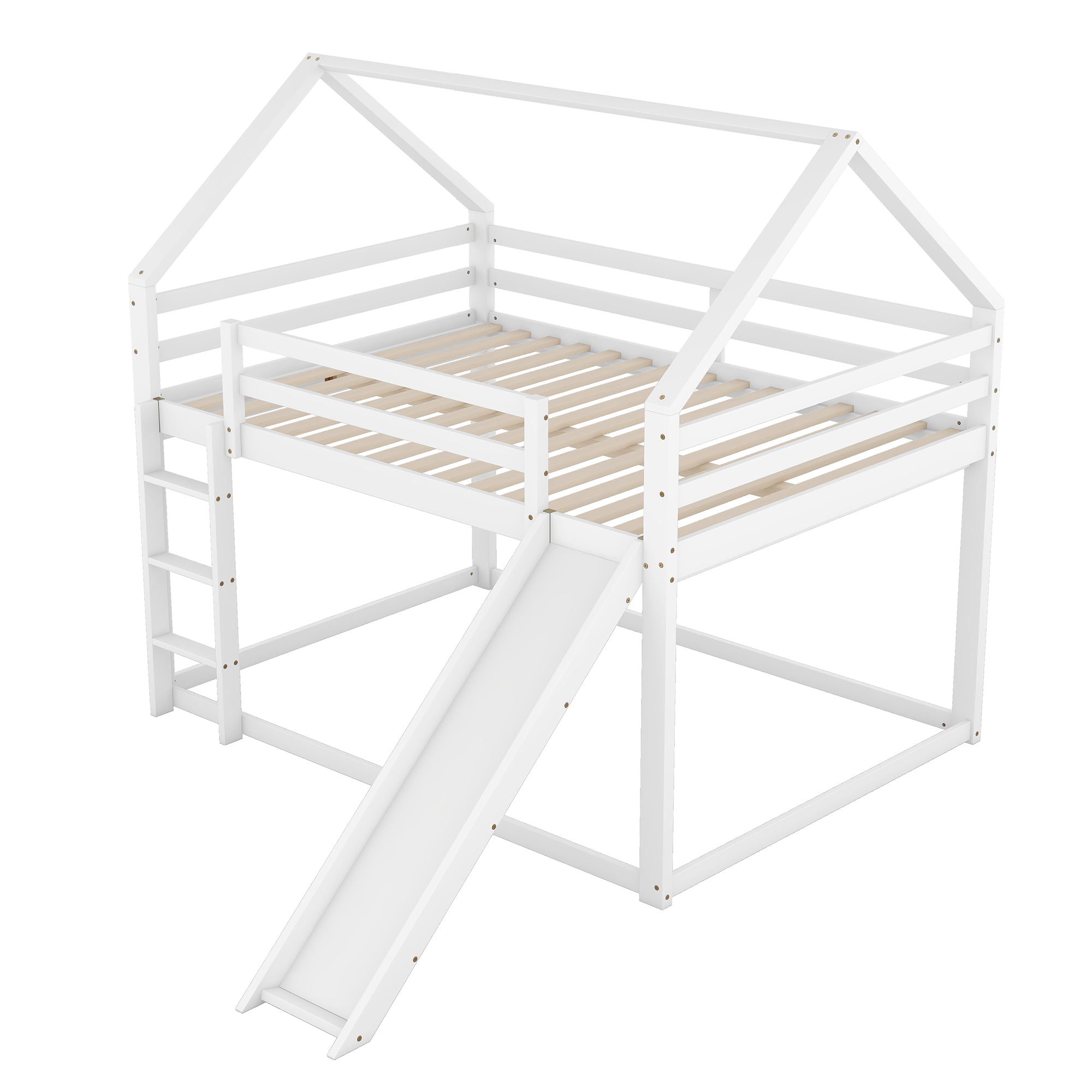 House Bunk Bed 140x200cm Double with Slide & Ladder - White