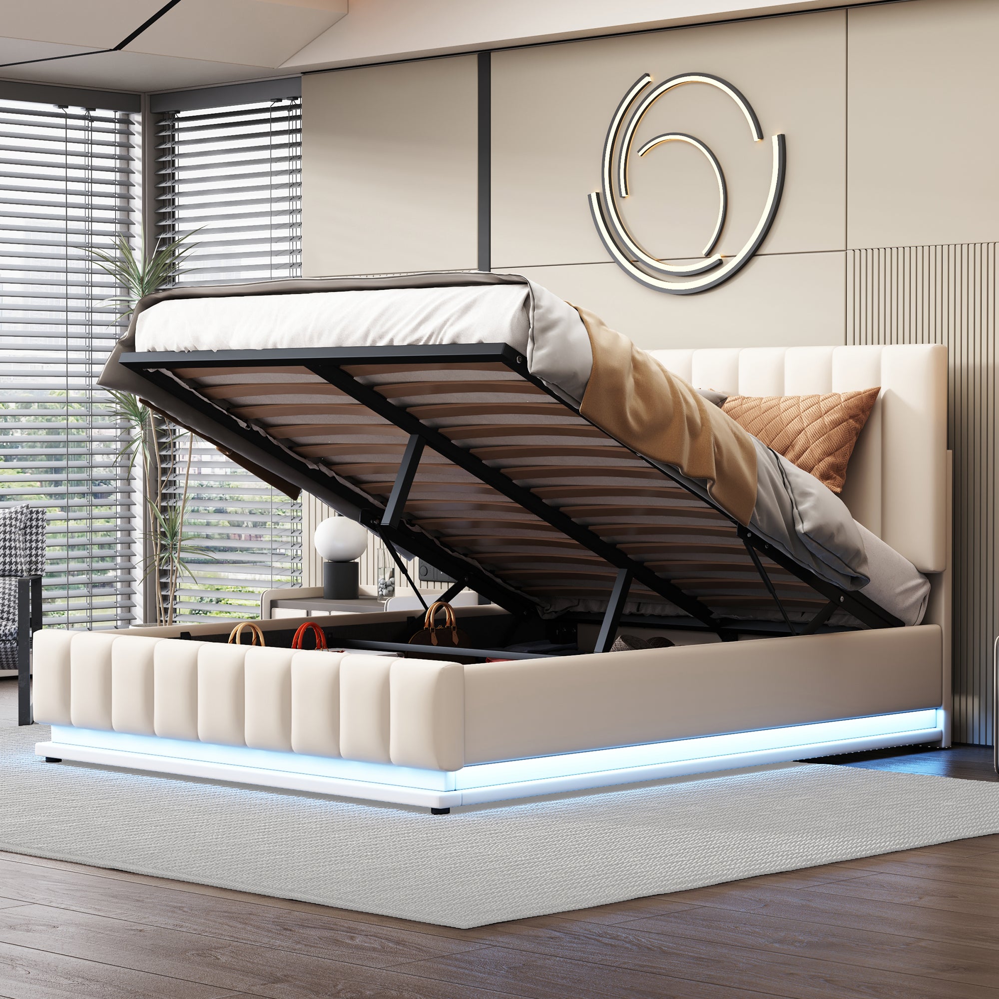 Upholstered Bed, 140x200cm, LED, Hydraulic Storage, White